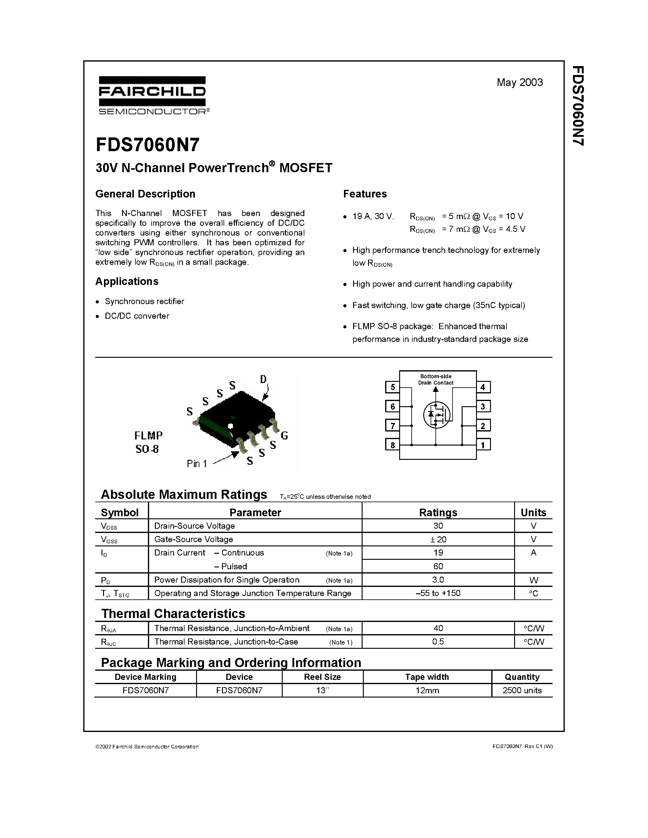 Даташит FDS7060N7 - 30V N-Channel PowerTrench MOSFET страница 1