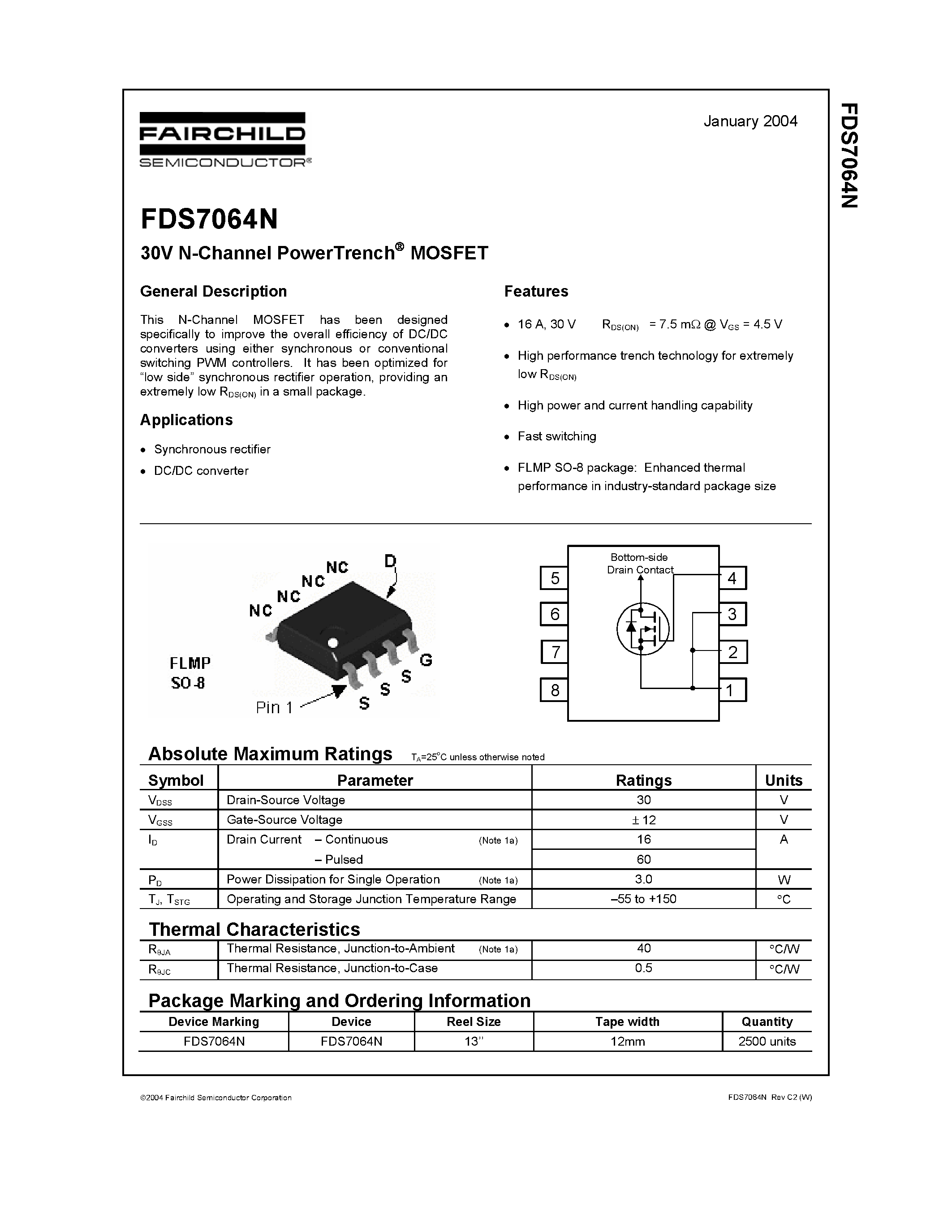 Даташит FDS7064N - 30V N-Channel PowerTrench MOSFET страница 1