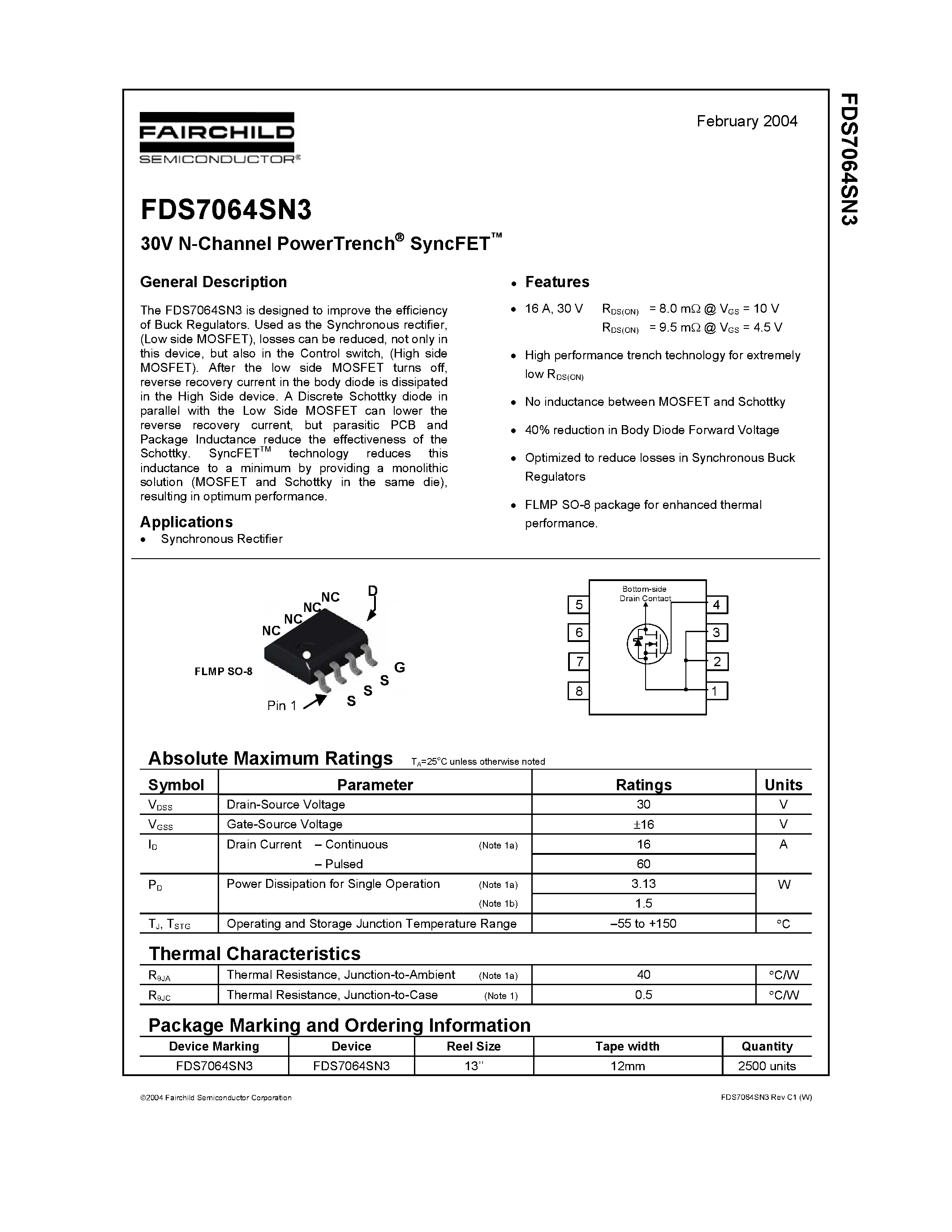 Даташит FDS7064SN3 - 30V N-Channel PowerTrench SyncFET страница 1