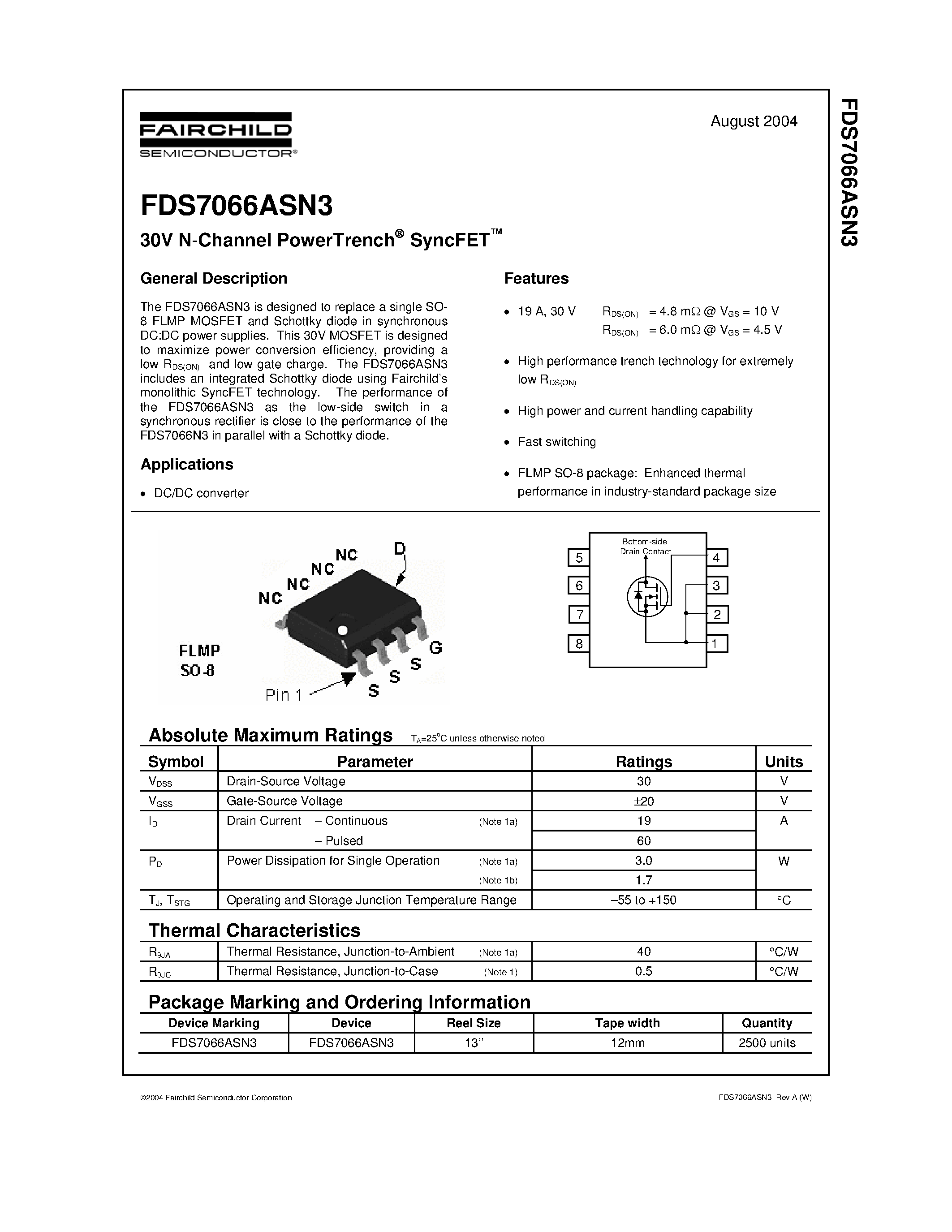 Даташит FDS7066ASN3 - 30V N-Channel PowerTrench SyncFET страница 1