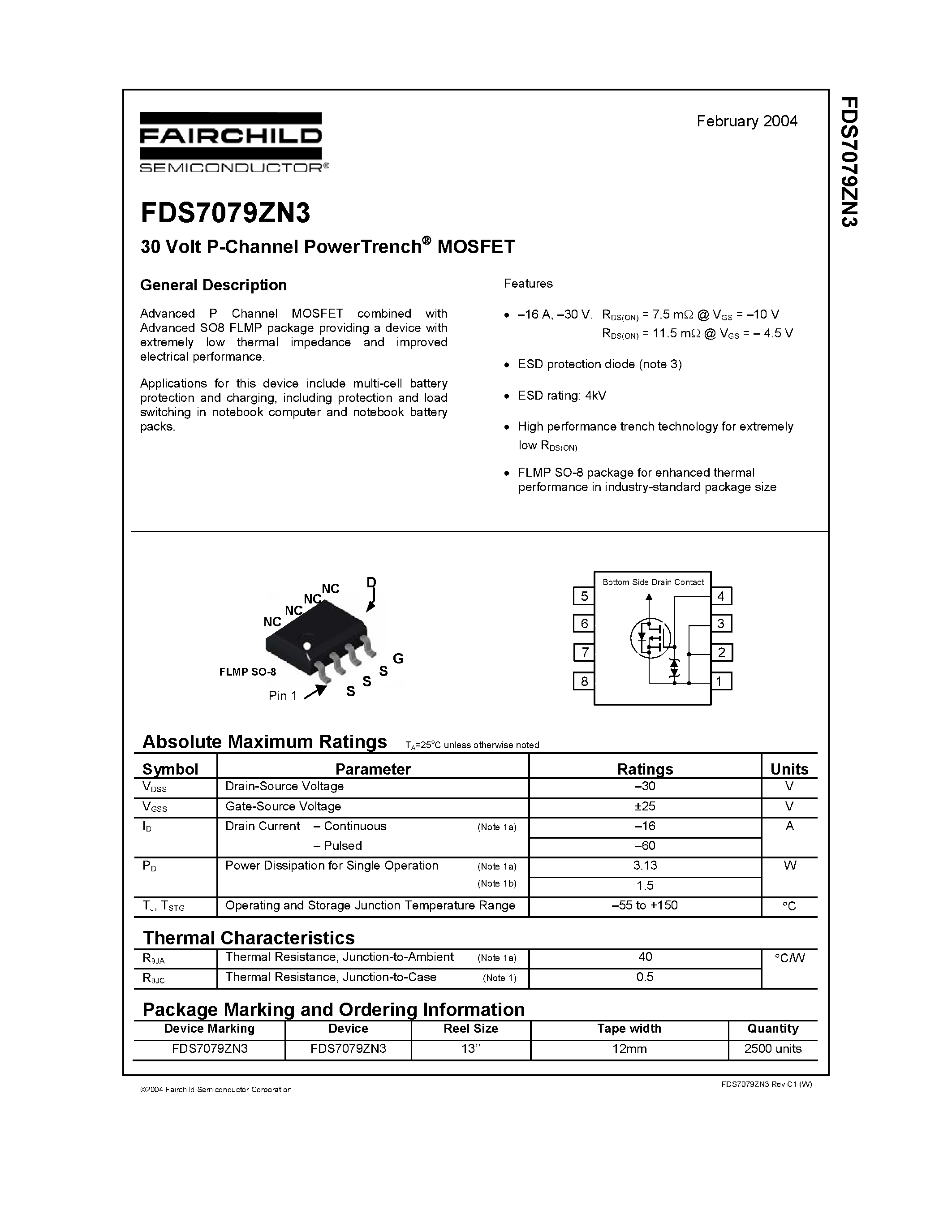 Даташит FDS7079ZN3 - 30 Volt P-Channel PowerTrench MOSFET страница 1