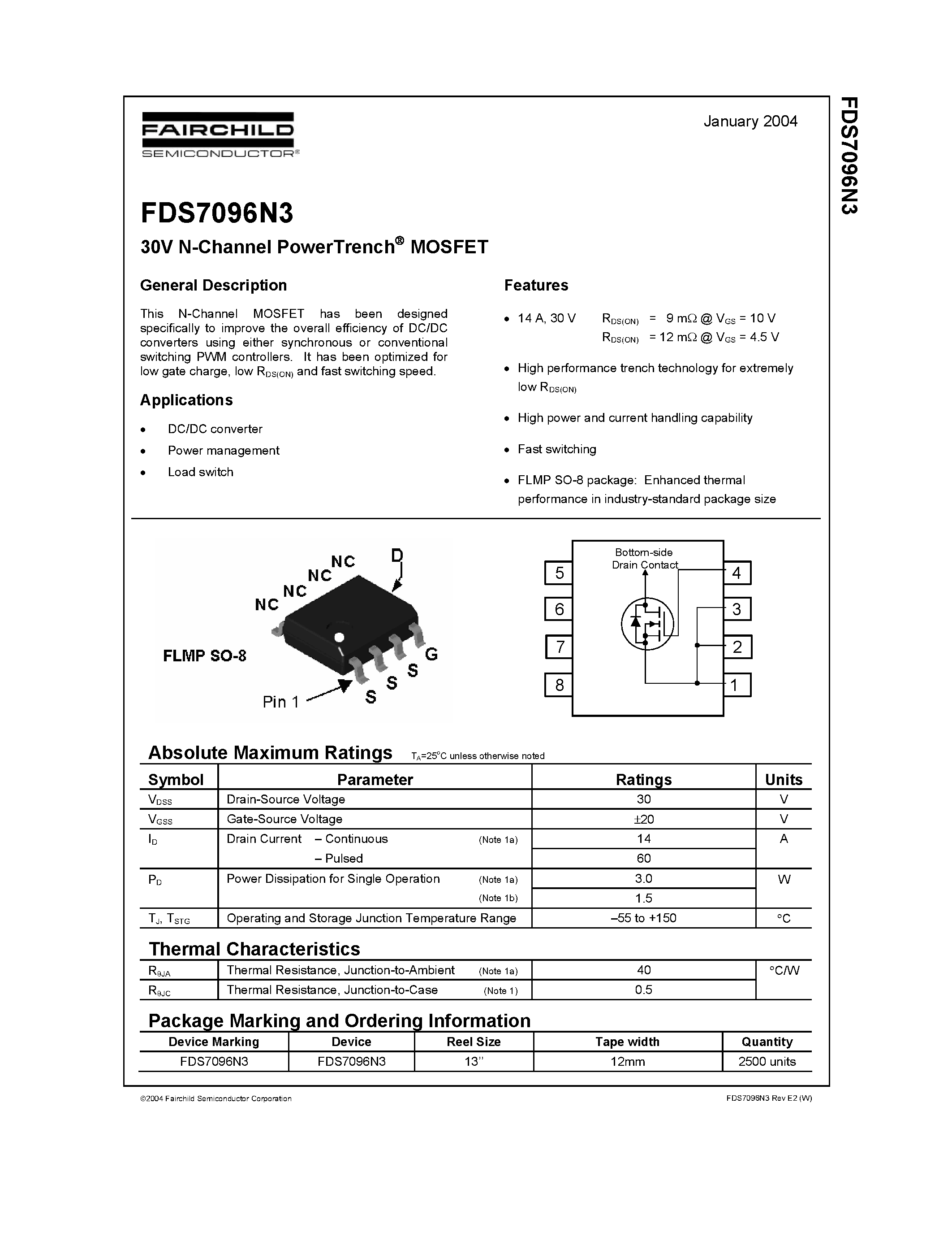 Даташит FDS7096N - 30V N-Channel PowerTrench MOSFET страница 1