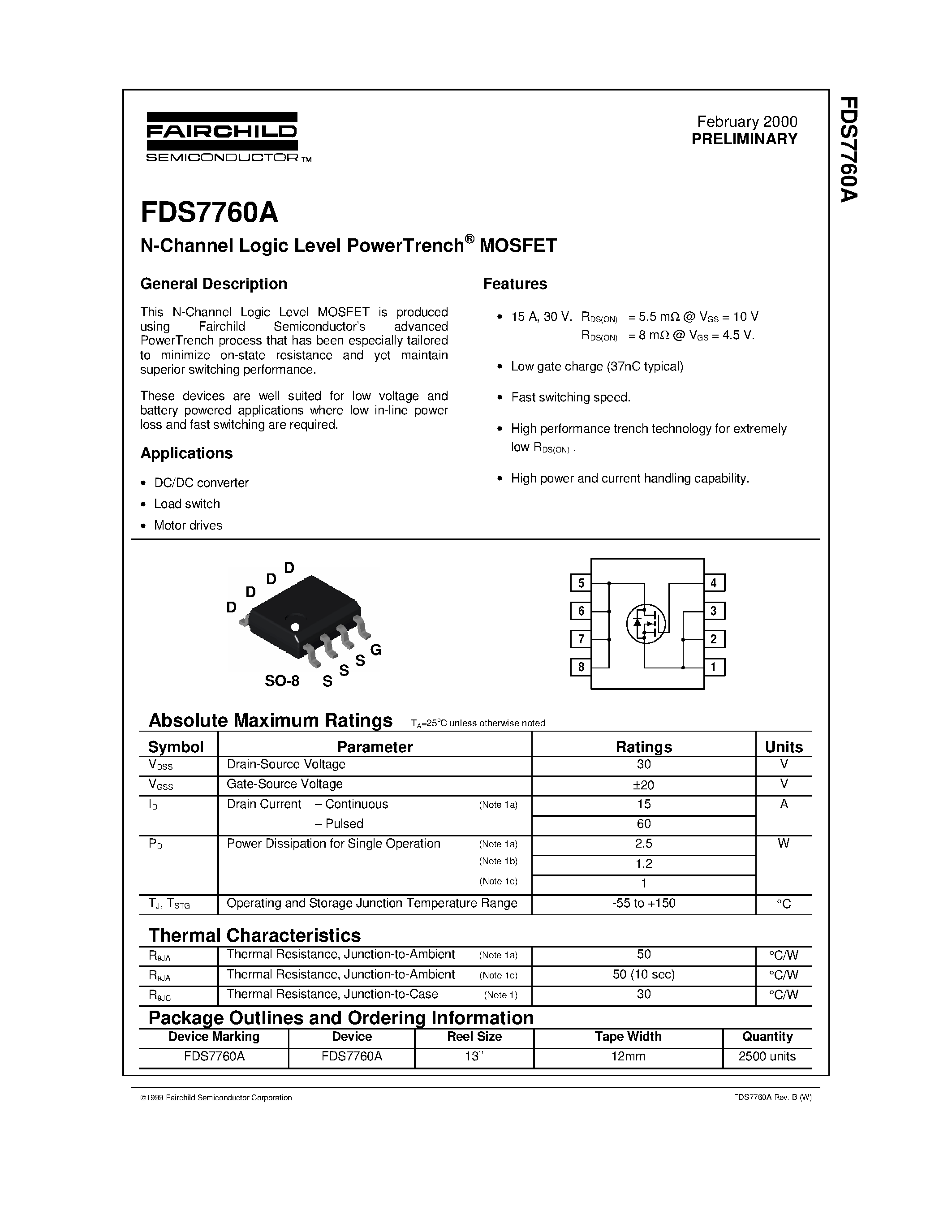 Даташит FDS7760A - N-Channel Logic Level PowerTrench MOSFET страница 1