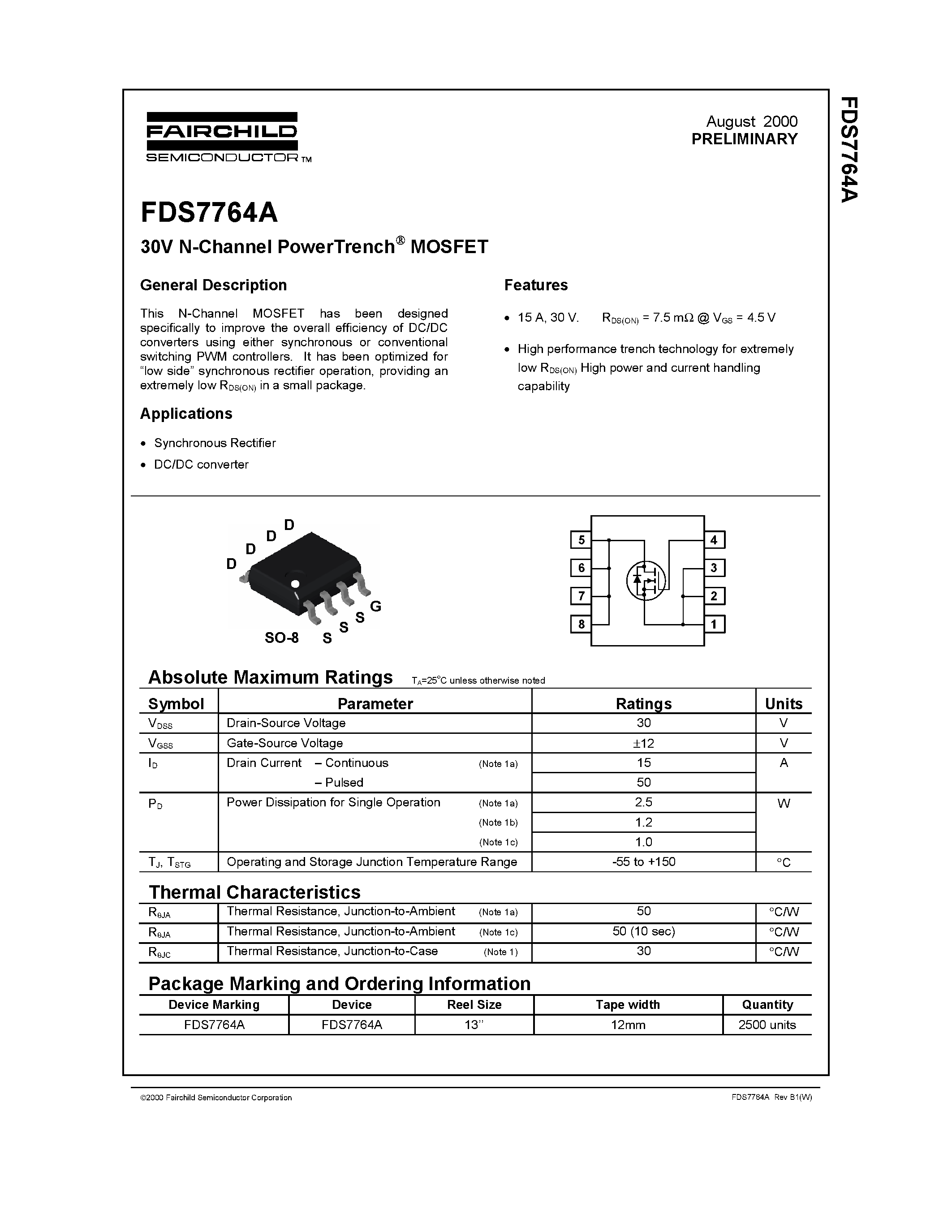 Даташит FDS7764A - 30V N-Channel PowerTrench MOSFET страница 1