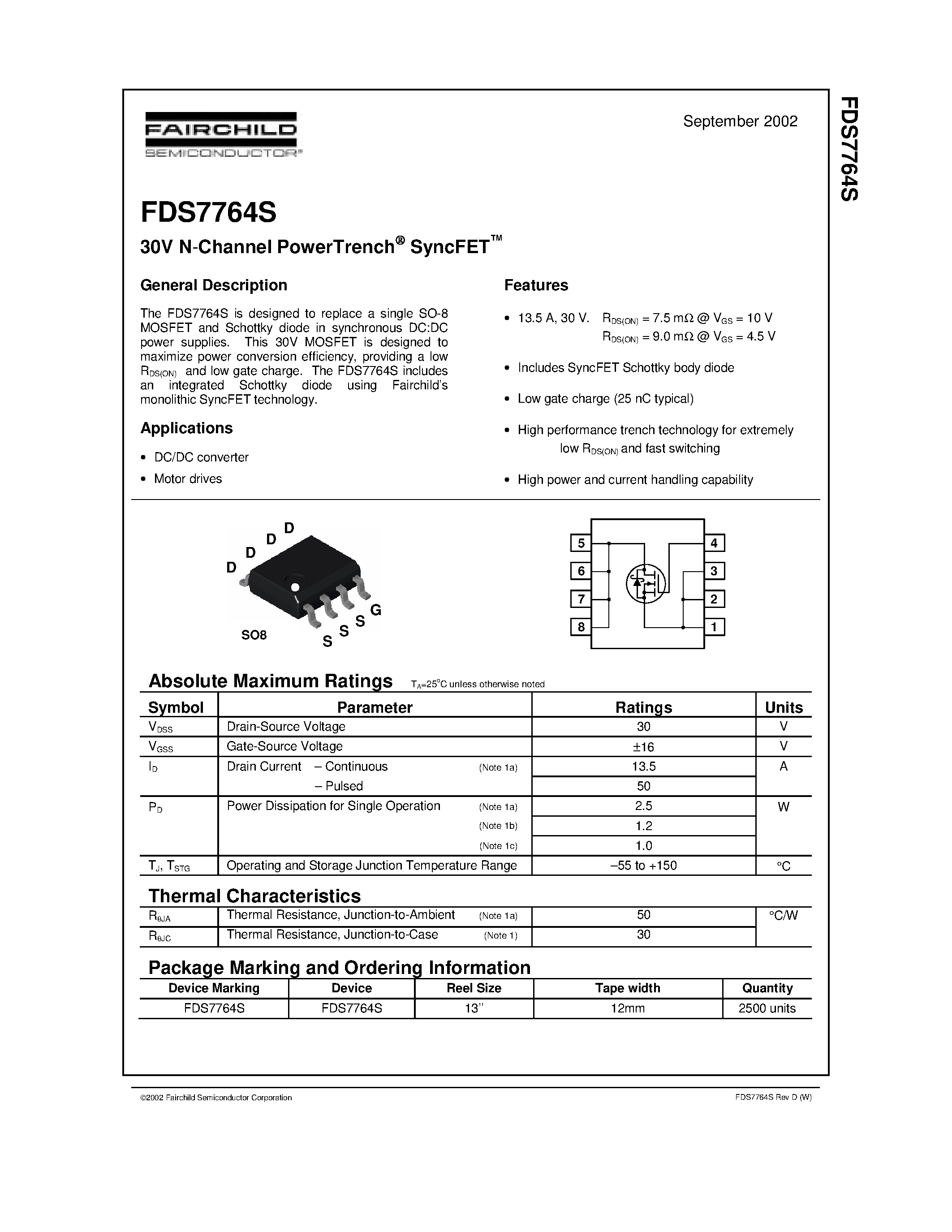 Даташит FDS7764S - 30V N-Channel PowerTrench SyncFET страница 1