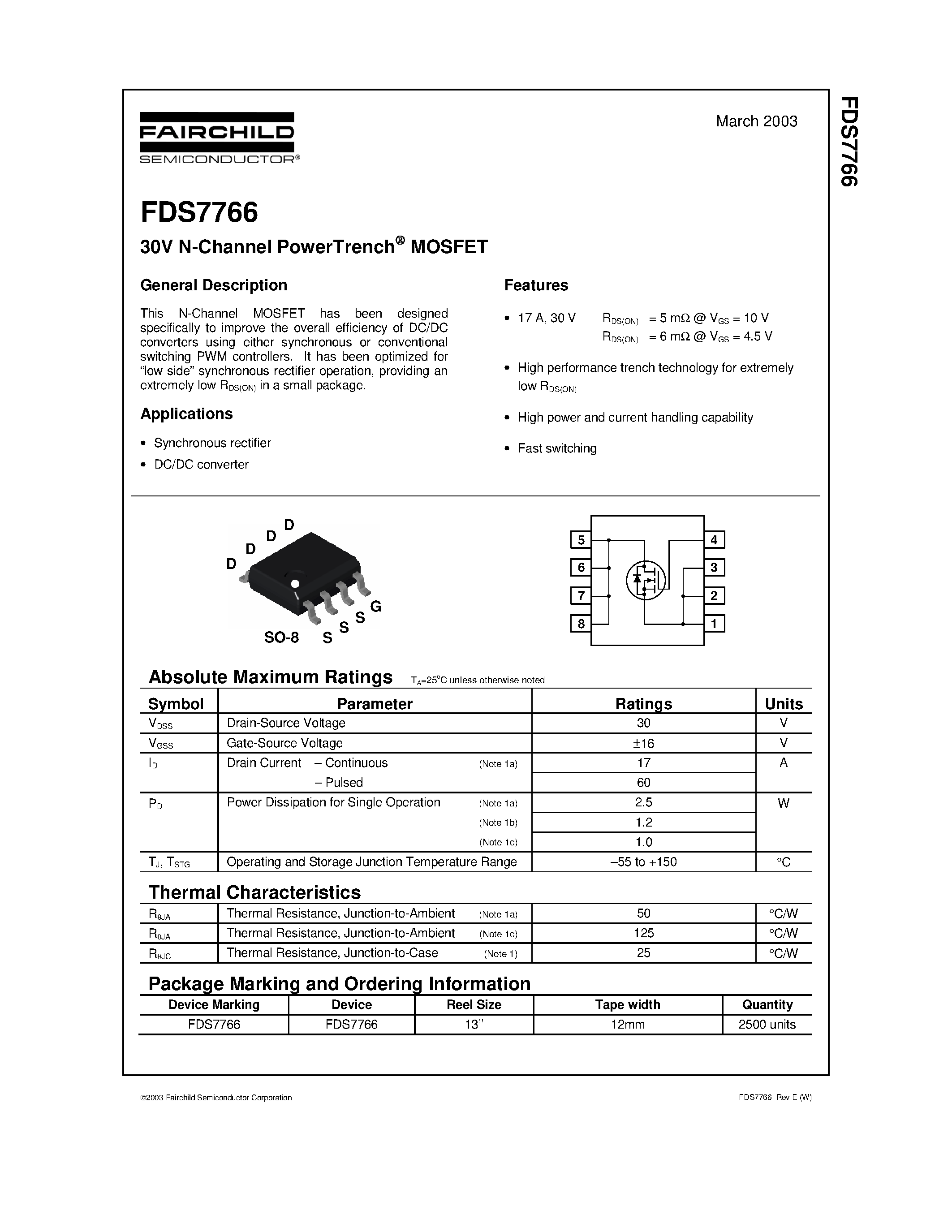 Даташит FDS7766 - 30V N-Channel PowerTrench MOSFET страница 1