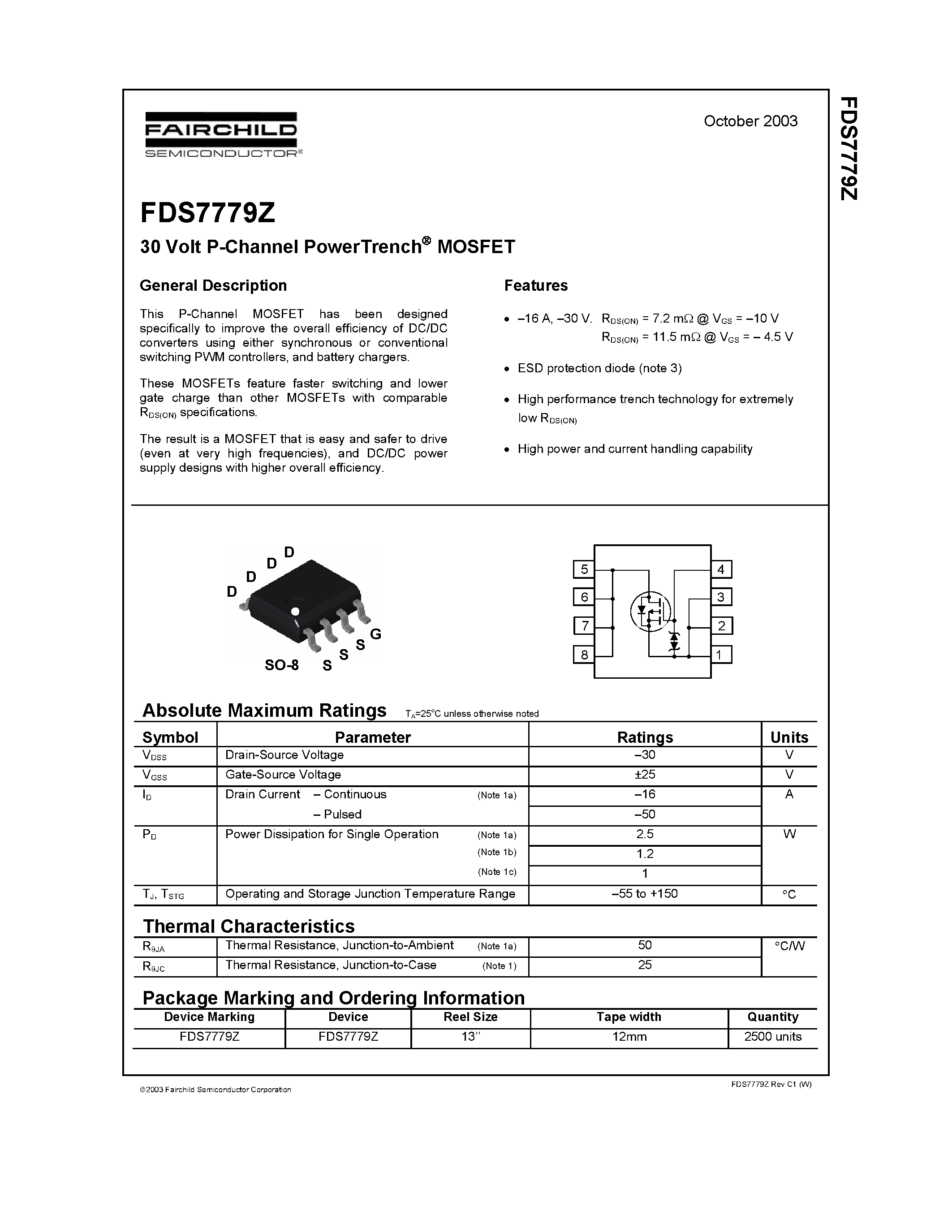 Даташит FDS7779Z - 30 Volt P-Channel PowerTrench MOSFET страница 1