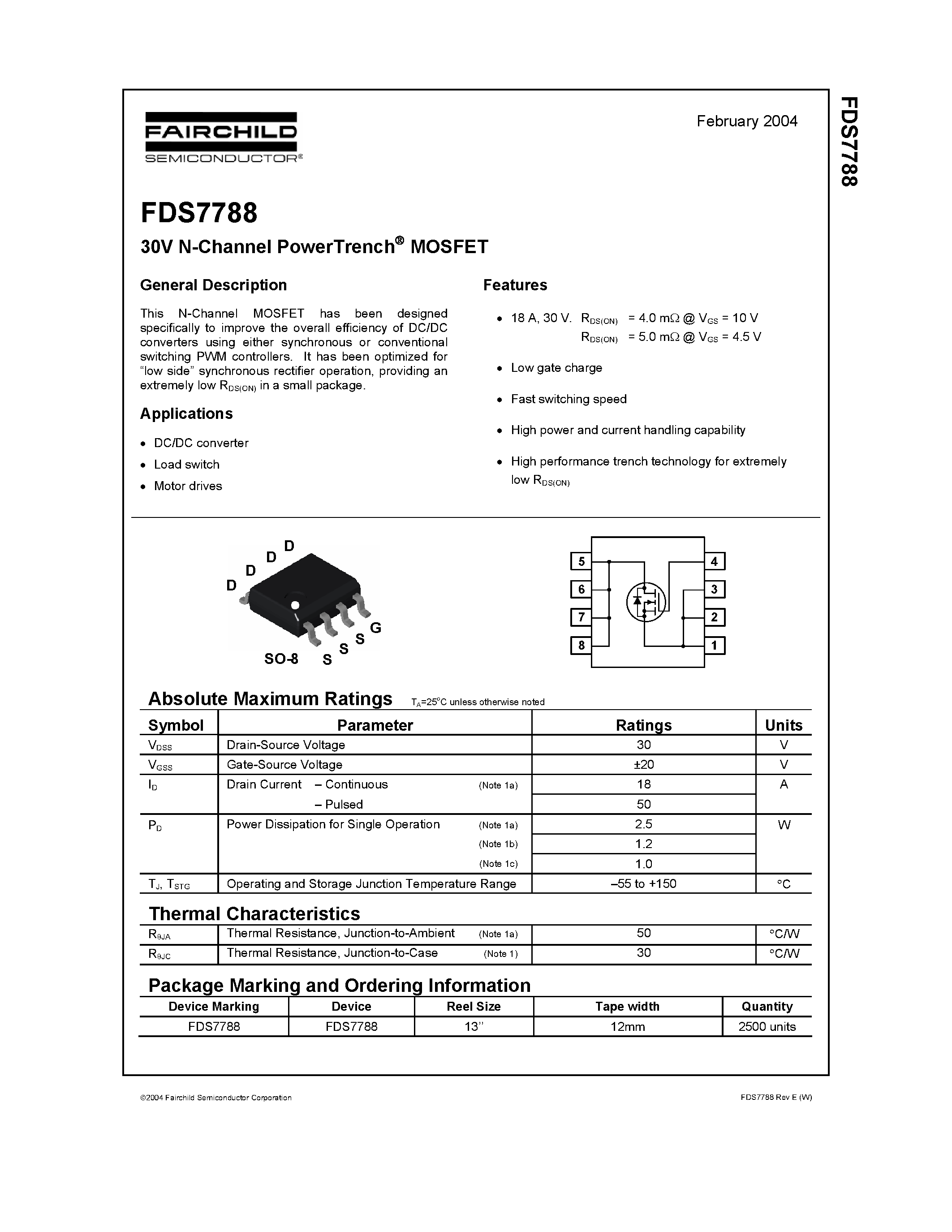 Даташит FDS7788 - 30V N-Channel PowerTrench MOSFET страница 1