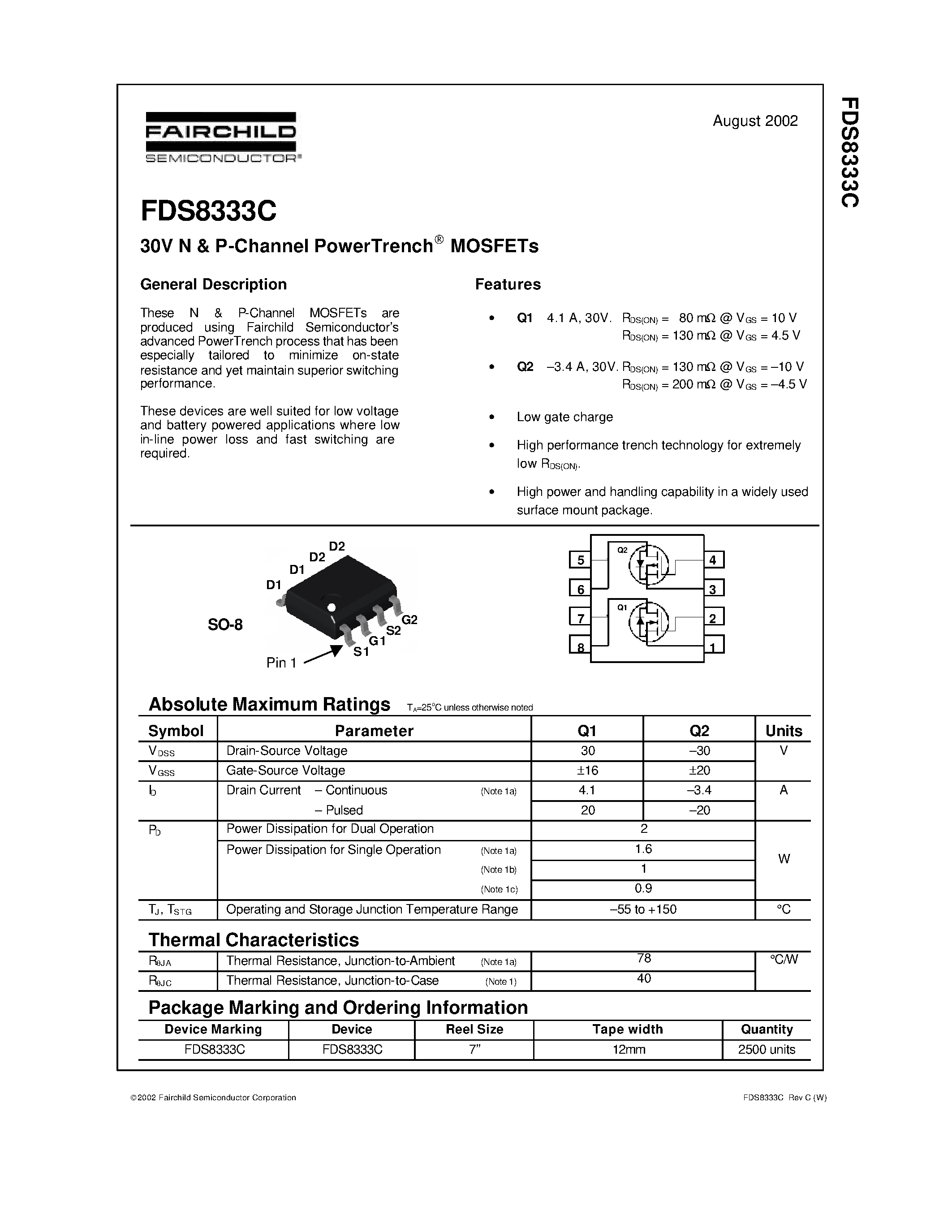 Даташит FDS8333C - 30V N & P-Channel PowerTrench MOSFETs страница 1