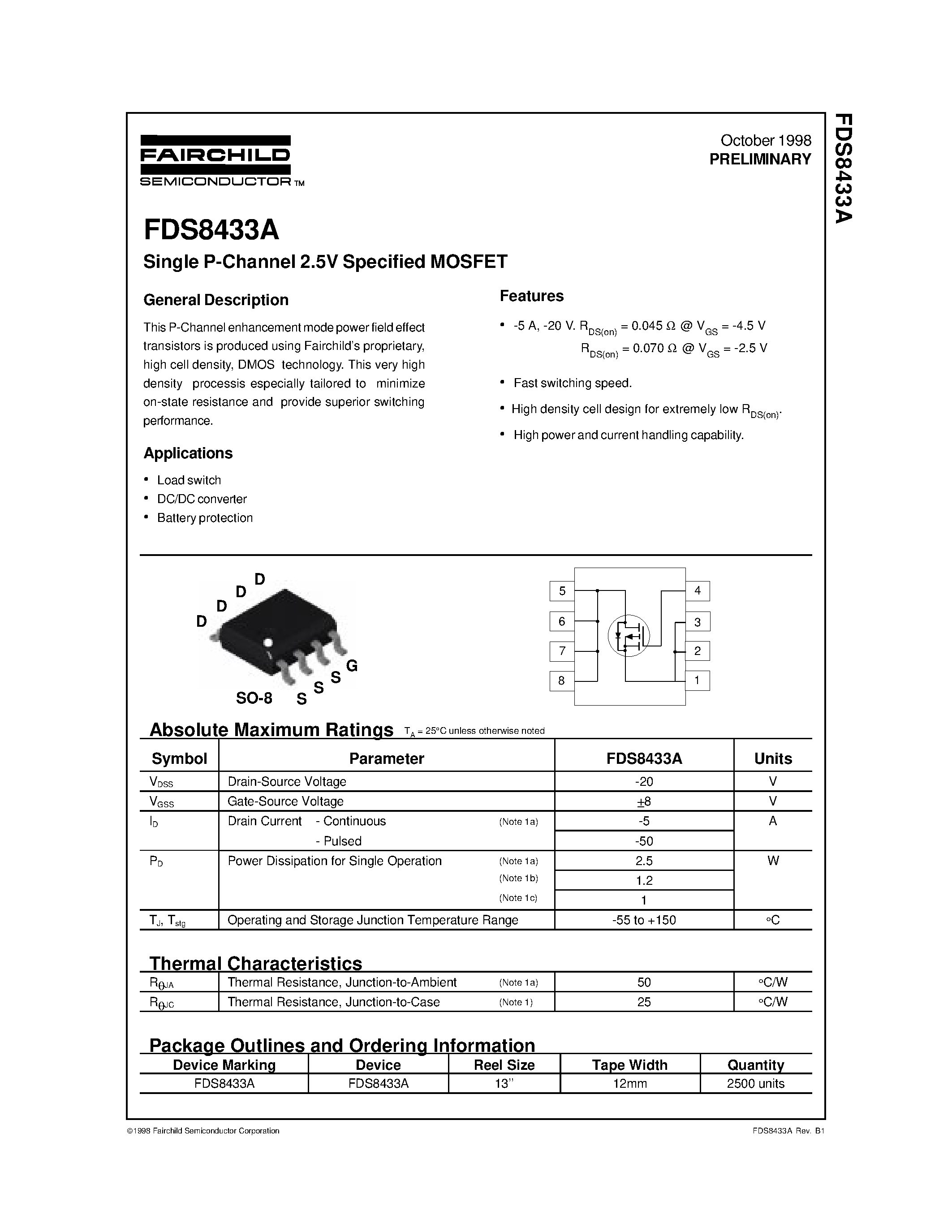 Даташит FDS8433 - Single P-Channel 2.5V Specified MOSFET страница 1