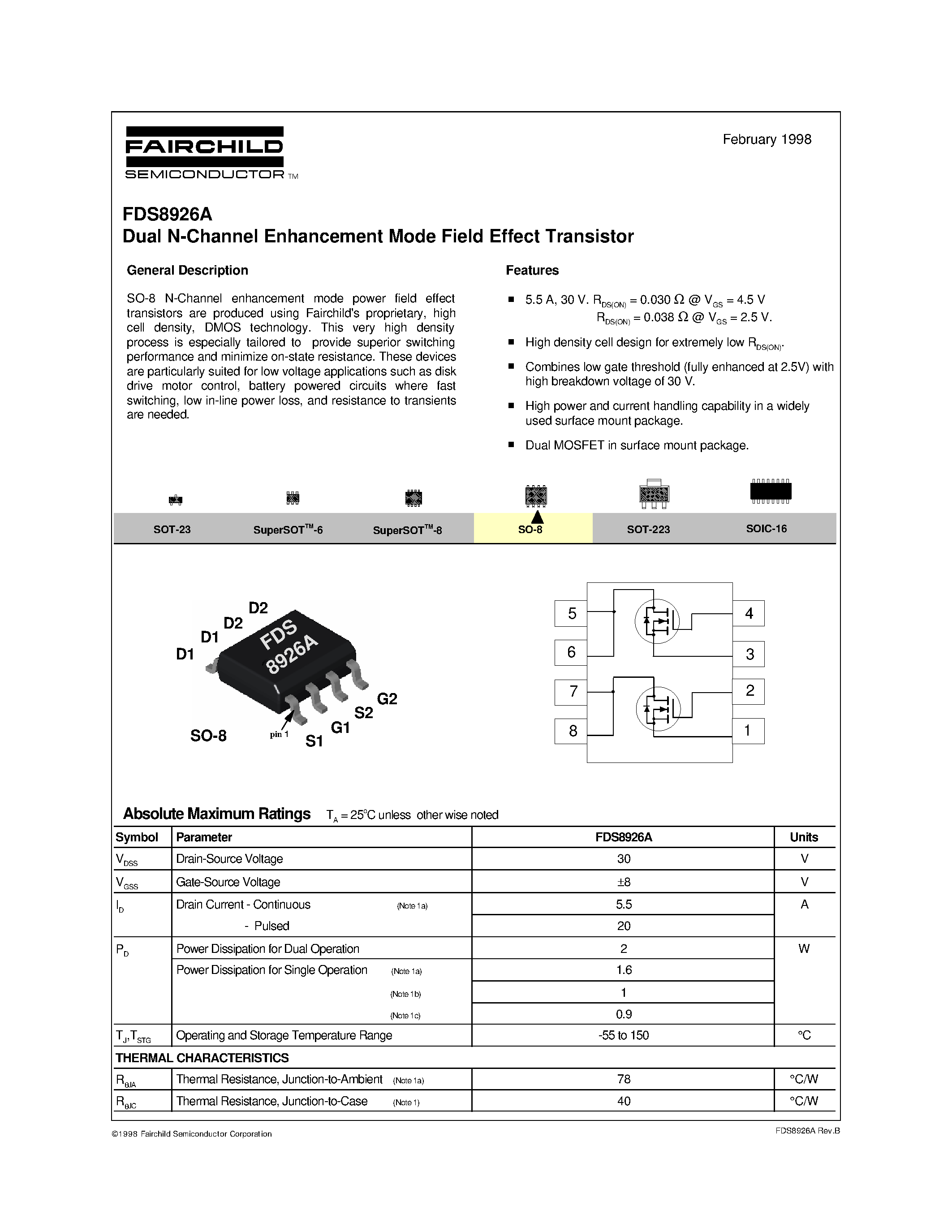 Datasheet FDS8926A - Dual N-Channel Enhancement Mode Field Effect Transistor page 1