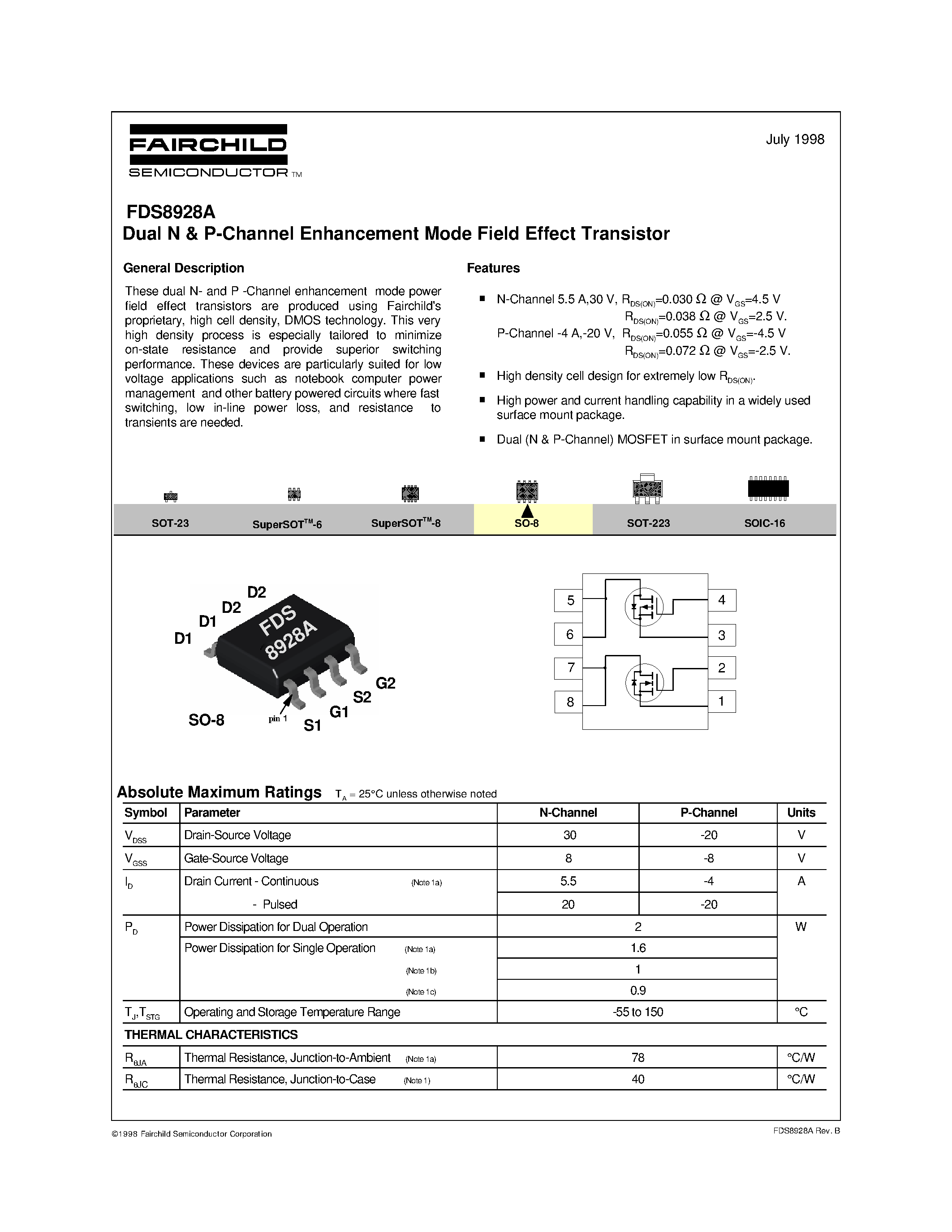 Datasheet FDS8928A - Dual N & P-Channel Enhancement Mode Field Effect Transistor page 1