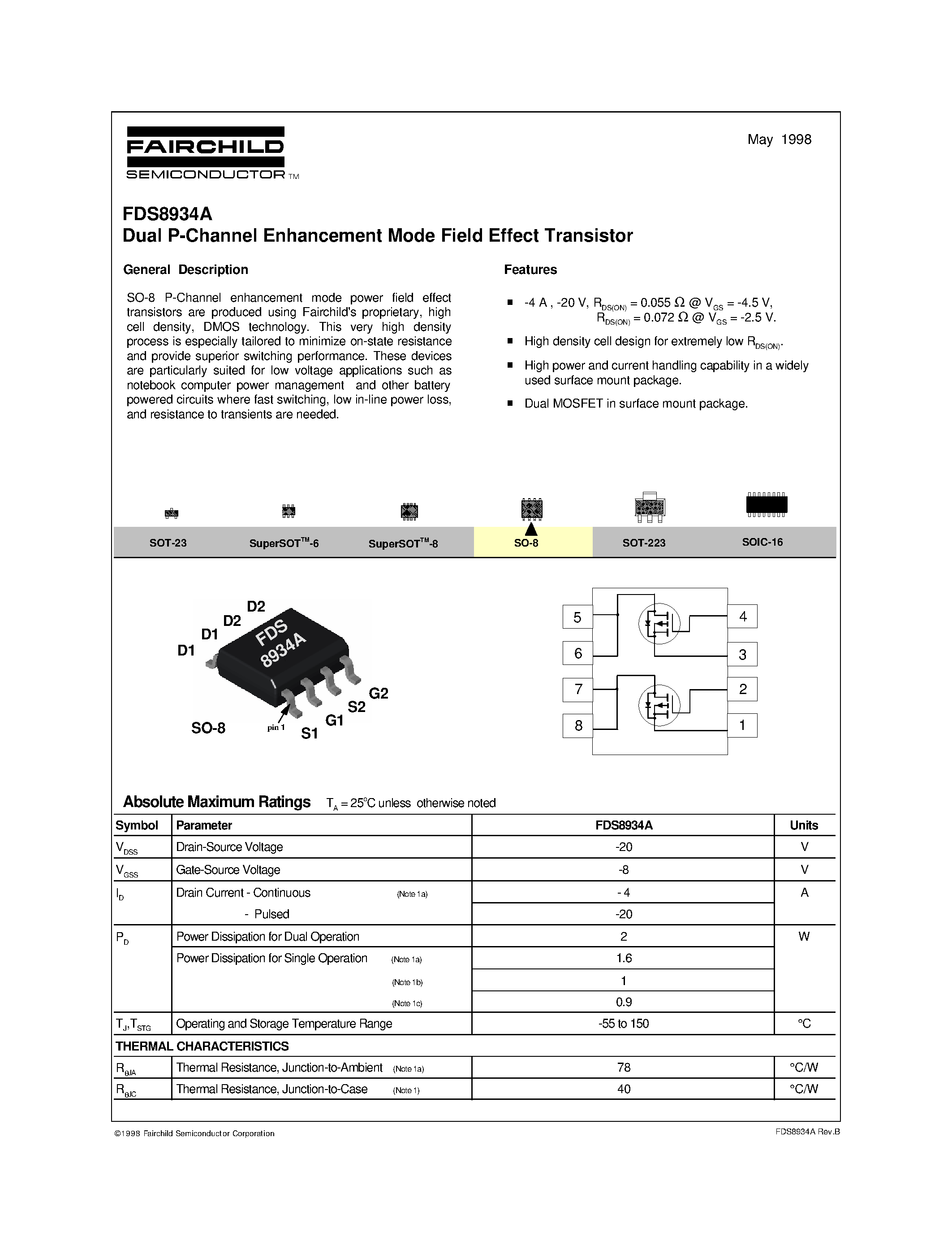 Даташит FDS8934 - Dual P-Channel Enhancement Mode Field Effect Transistor страница 1