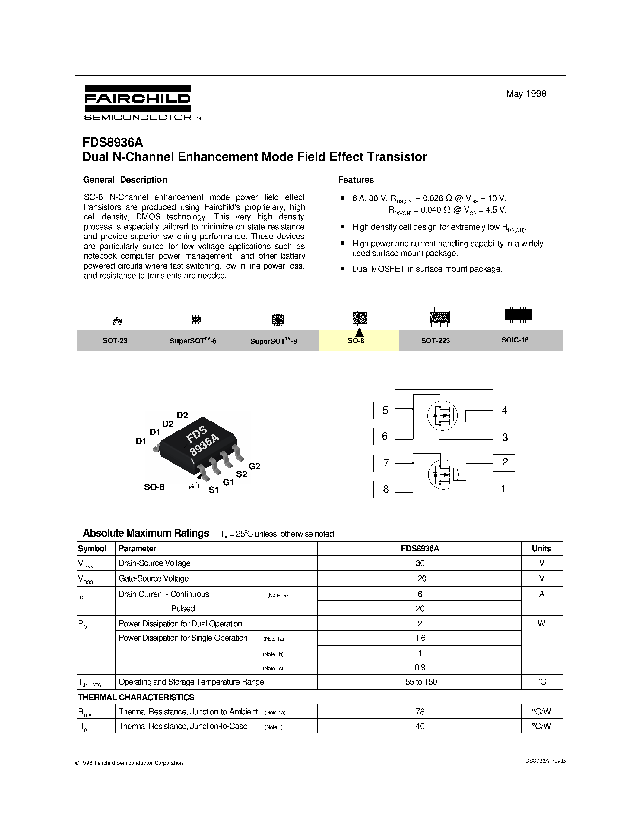 Datasheet FDS8936 - Dual N-Channel Enhancement Mode Field Effect Transistor page 1