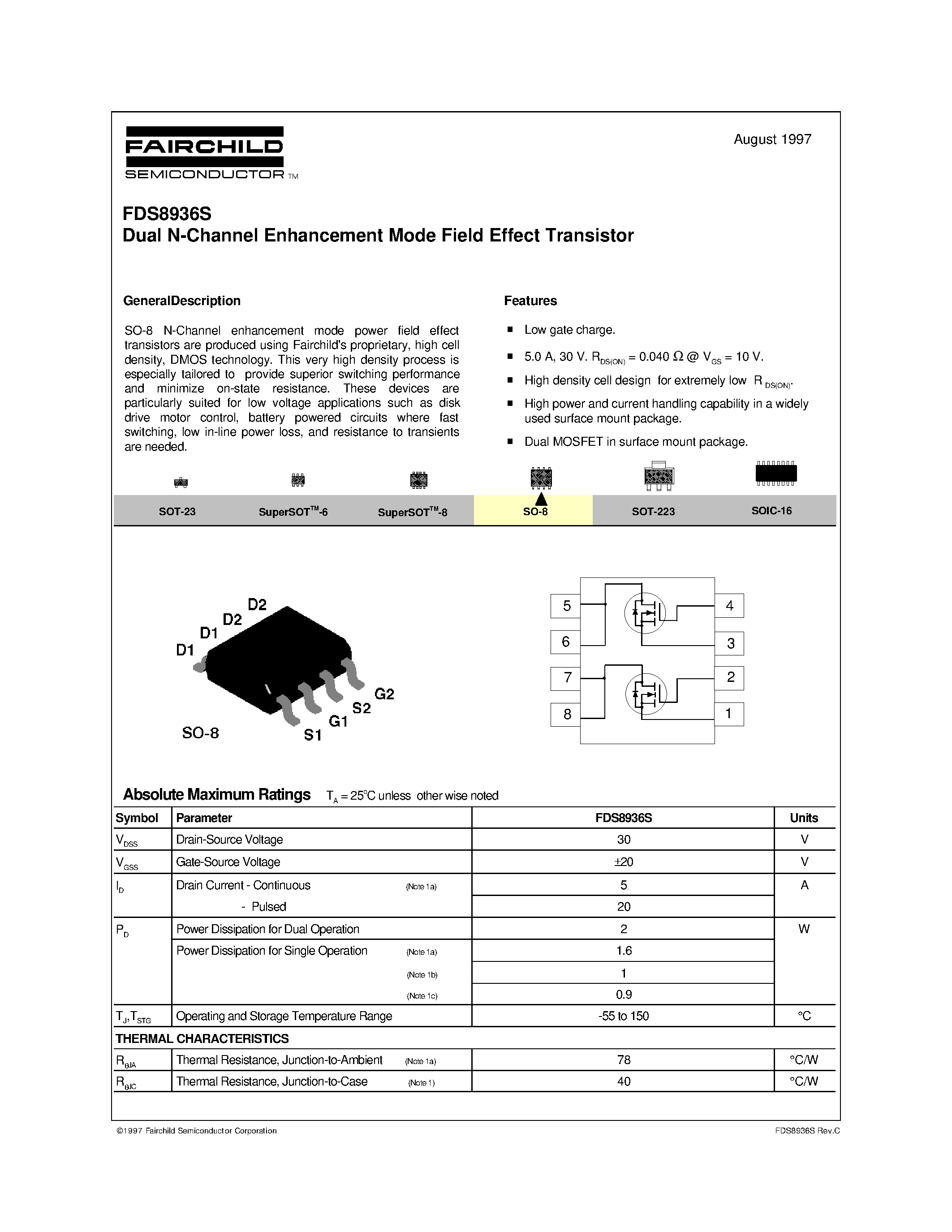 Datasheet FDS8936S - Dual N-Channel Enhancement Mode Field Effect Transistor page 1