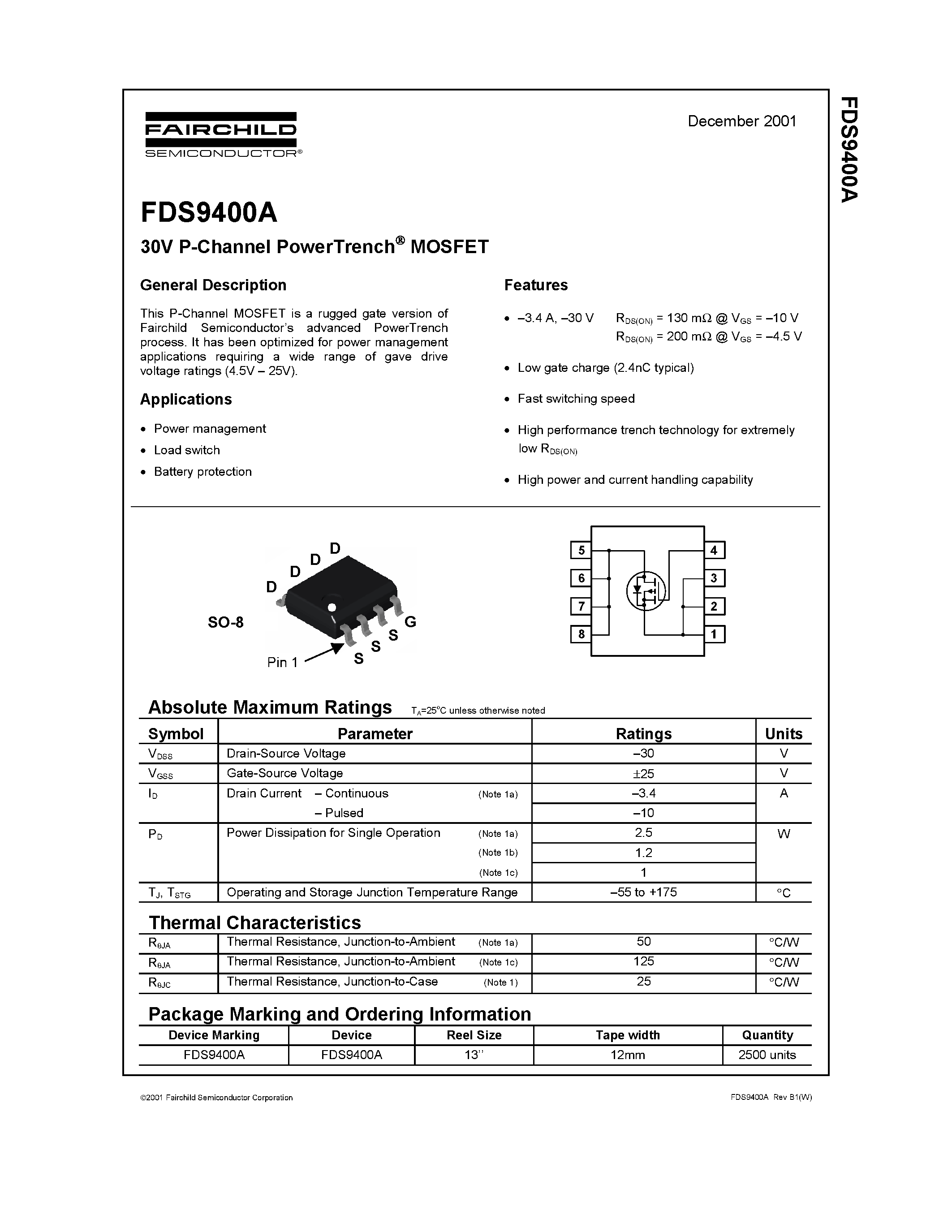 Datasheet FDS9400 - 30V P-Channel PowerTrench MOSFET page 1