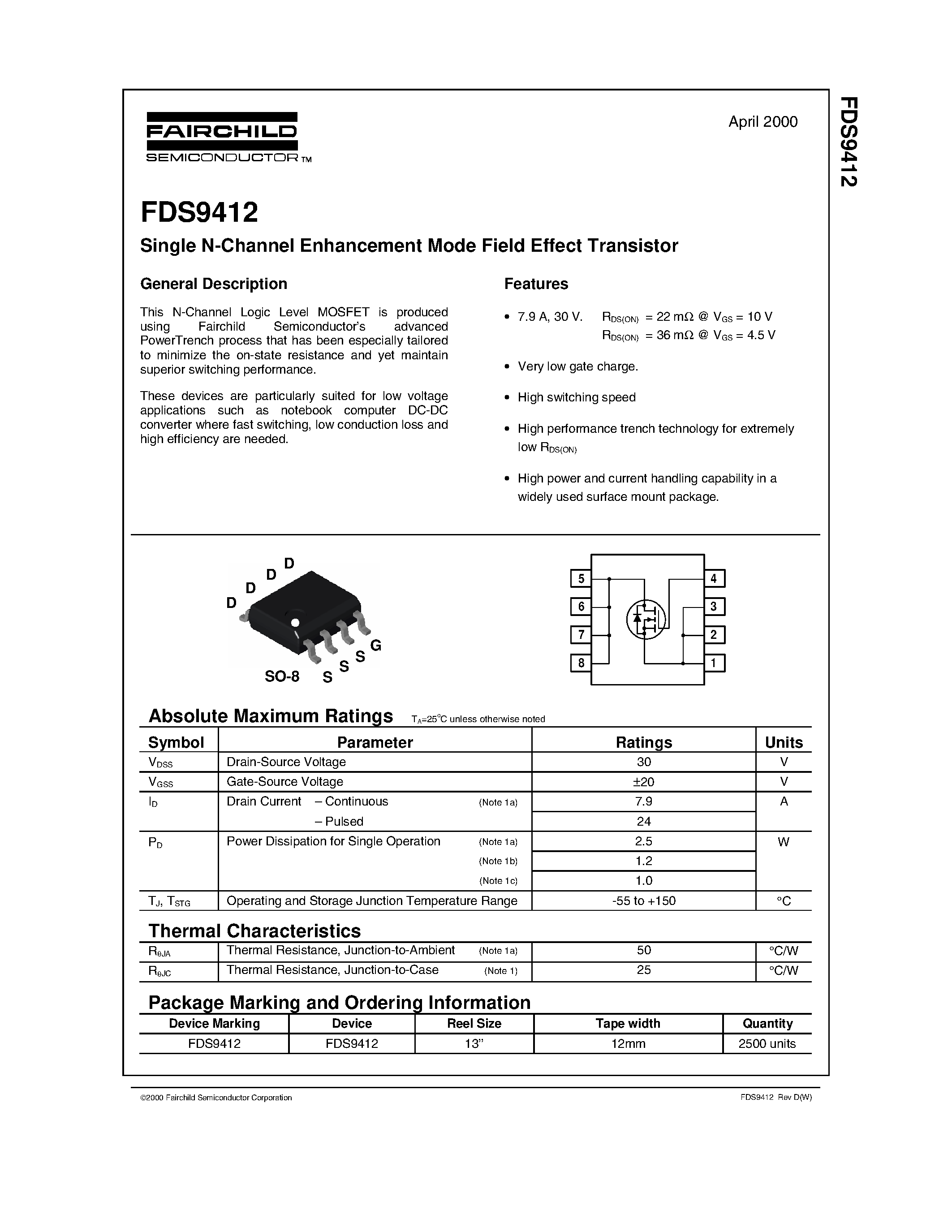 Datasheet FDS9412 - Single N-Channel Enhancement Mode Field Effect Transistor page 1