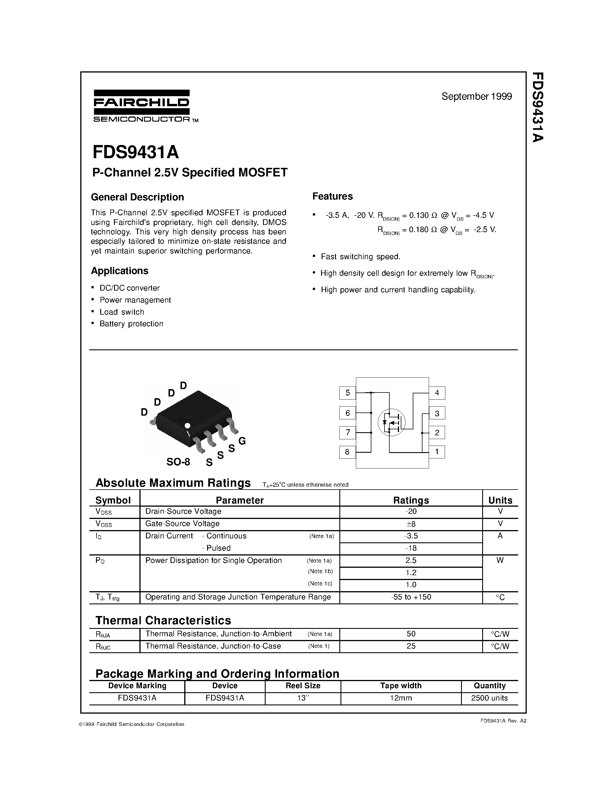 Datasheet FDS9431 - P-Channel 2.5V Specified MOSFET page 1