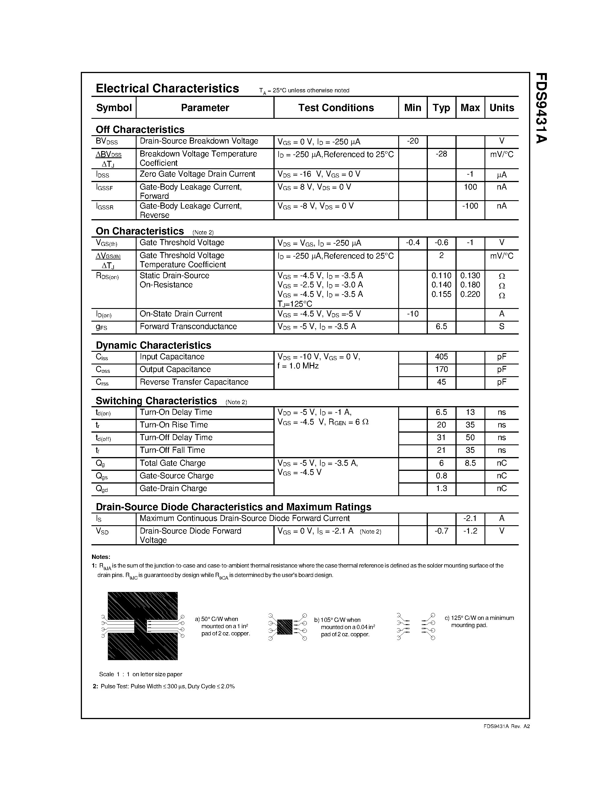 Datasheet FDS9431 - P-Channel 2.5V Specified MOSFET page 2