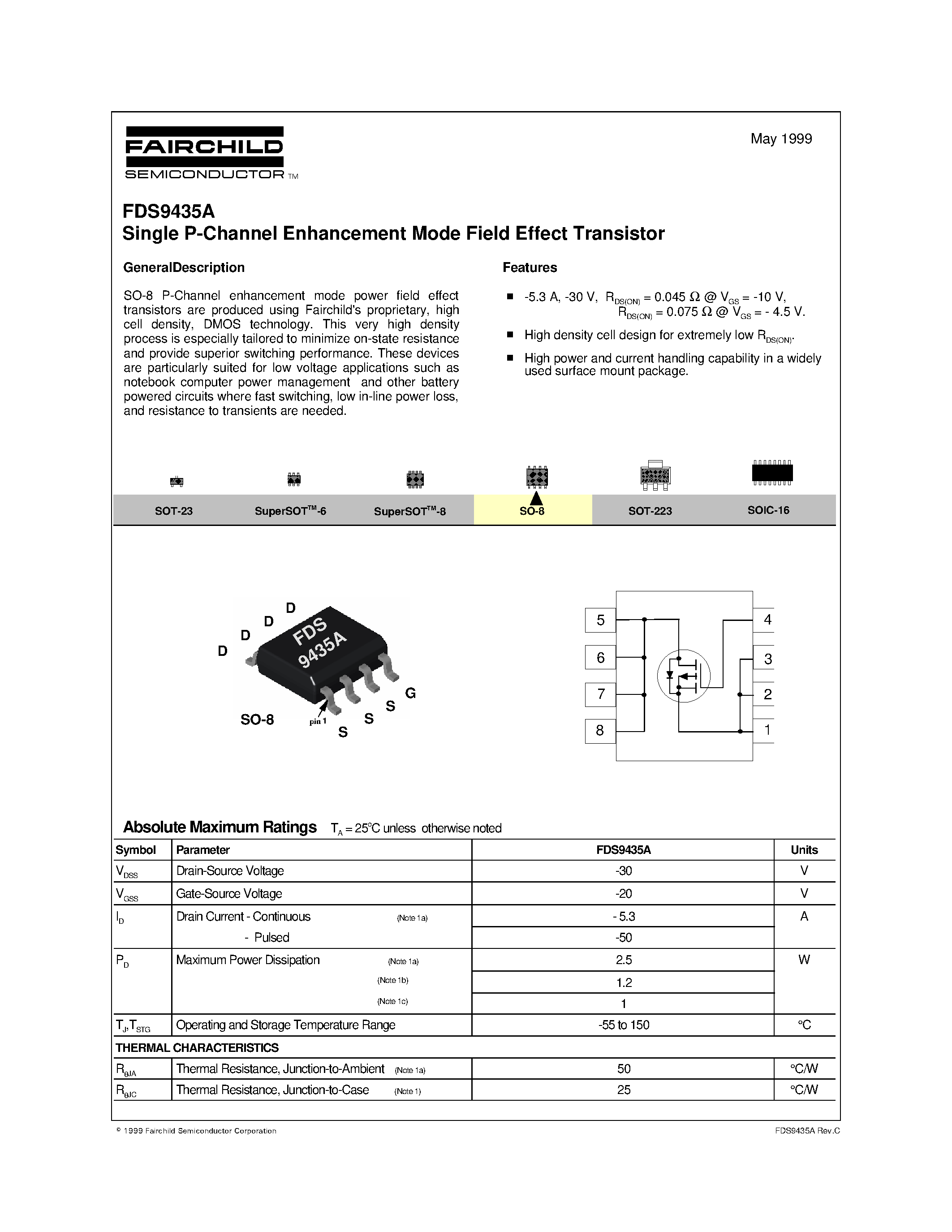 Datasheet FDS9435A - Single P-Channel Enhancement Mode Field Effect Transistor page 1