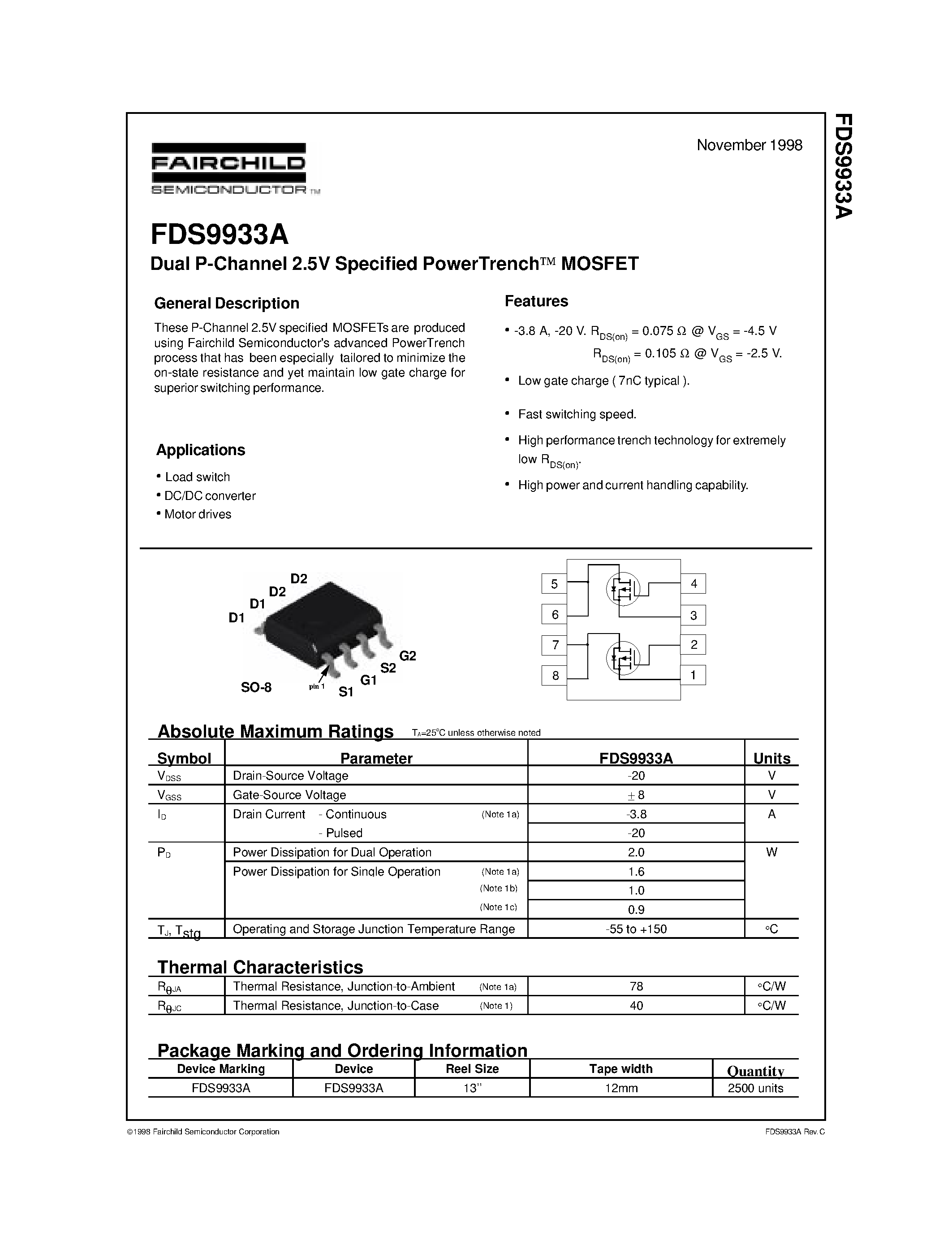 Datasheet FDS9933A - Dual N-Channel 2.5V Specified PowerTrench MOSFET page 1