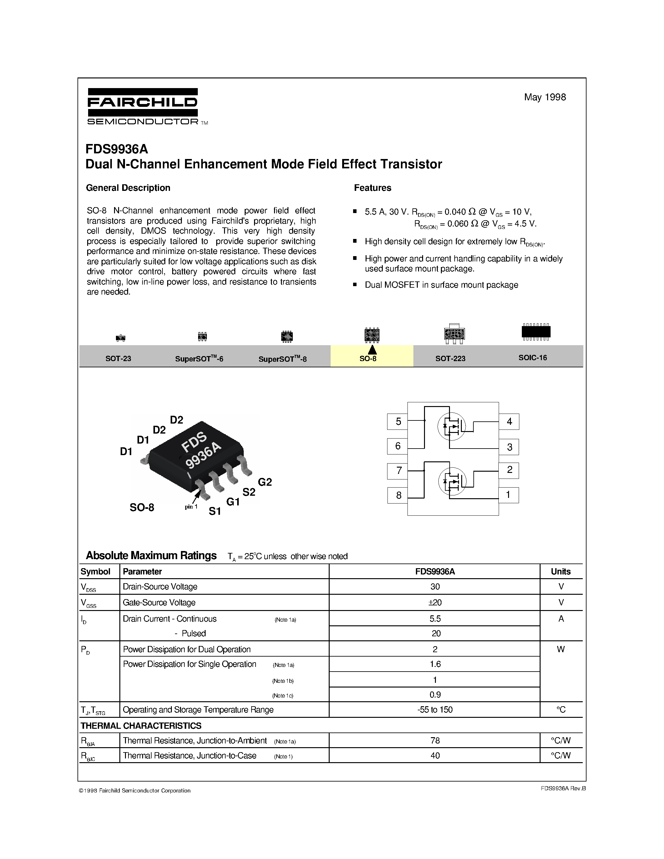 Datasheet FDS9936 - Dual N-Channel Enhancement Mode Field Effect Transistor page 1