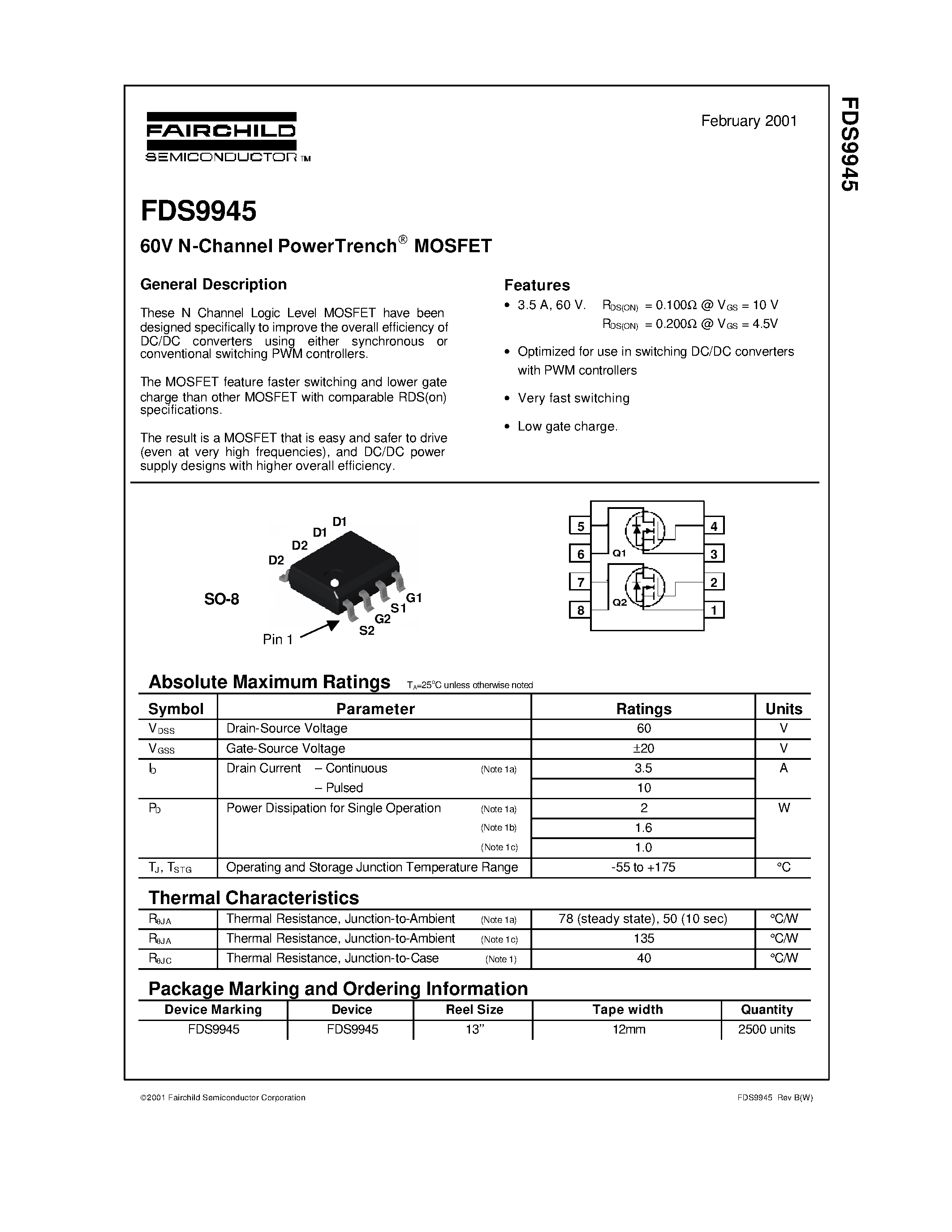 Даташит FDS9945 - 60V N-Channel PowerTrench MOSFET страница 1