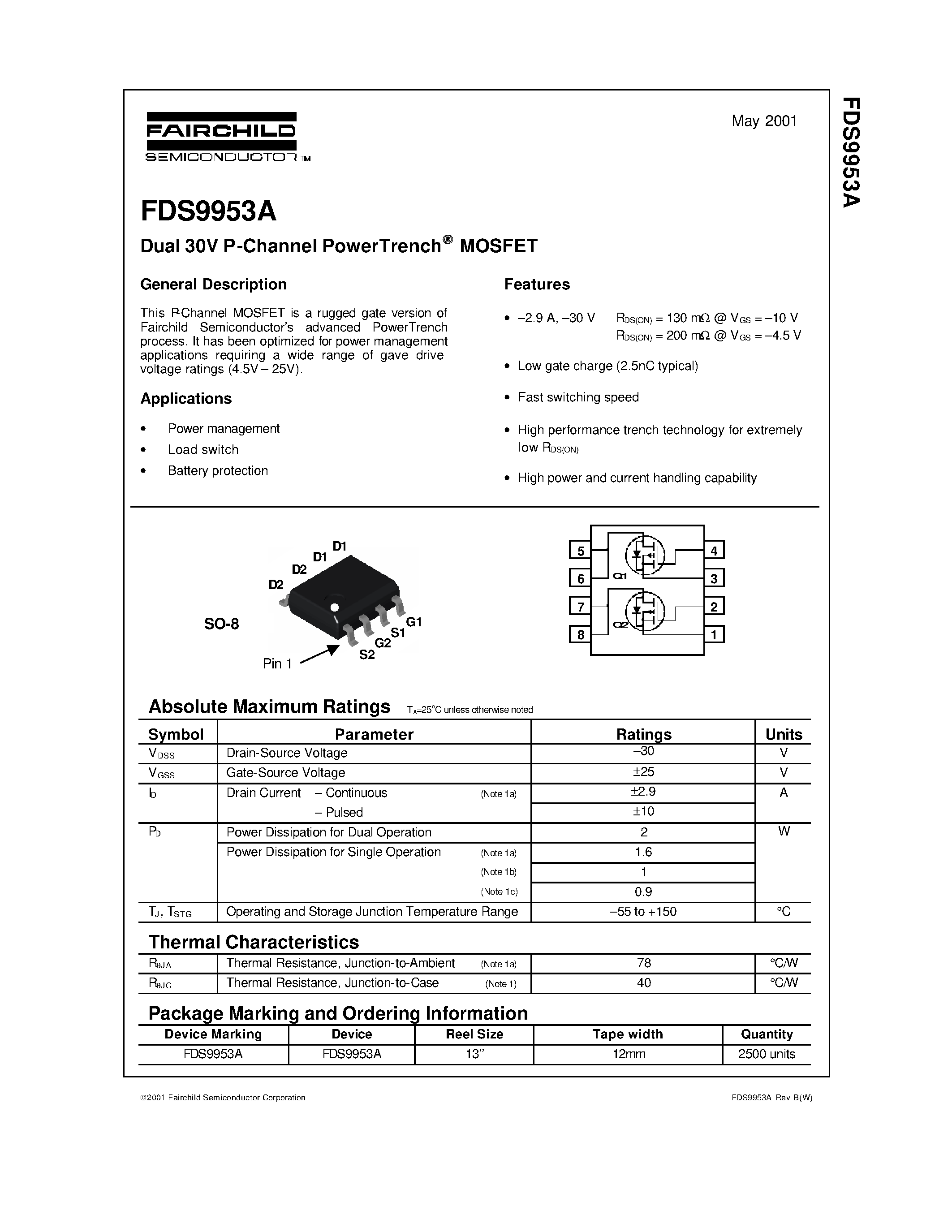 Datasheet FDS9953A - Dual 30V P-Channel PowerTrench MOSFET page 1