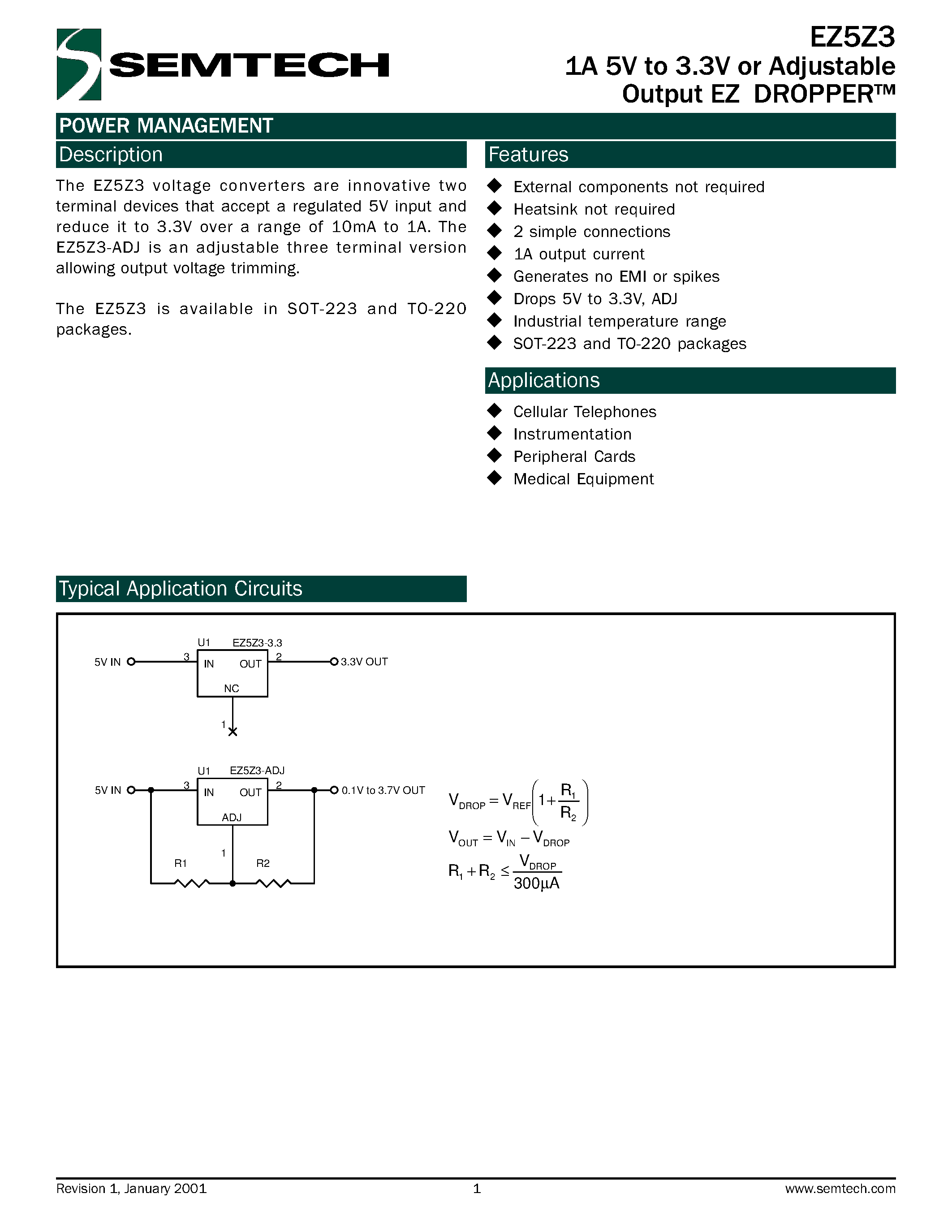 Даташит EZ5Z3-S3.3 - 1A 5V to 3.3V or Adjustable Output EZ DROPPER страница 1