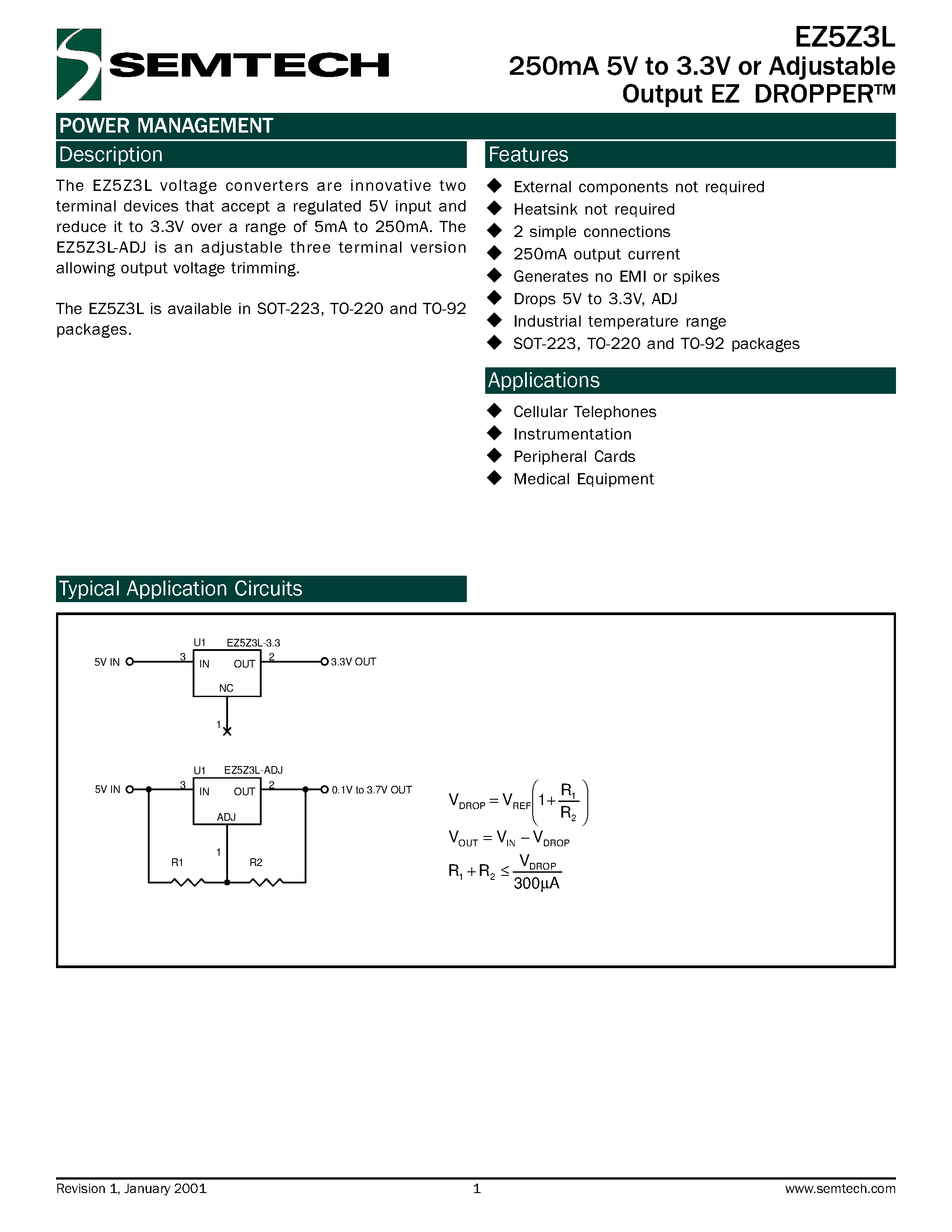 Даташит EZ5Z3L-L3.3 - 250mA 5V to 3.3V or Adjustable Output EZ DROPPER страница 1