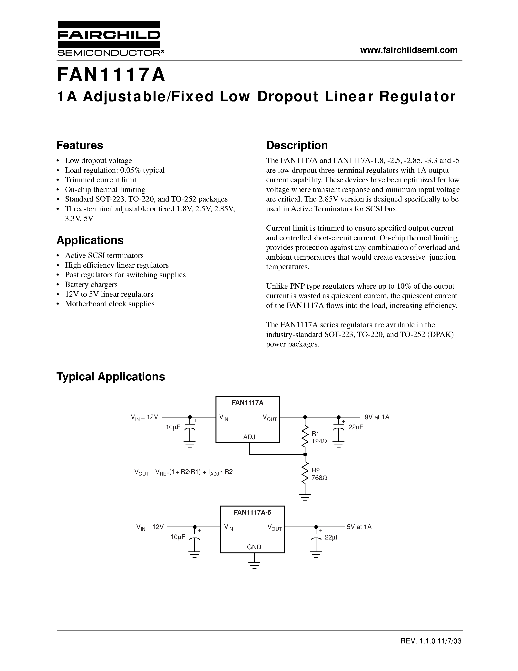 Datasheet FAN1117AS285 - 1A Adjustable/Fixed Low Dropout Linear Regulator page 1