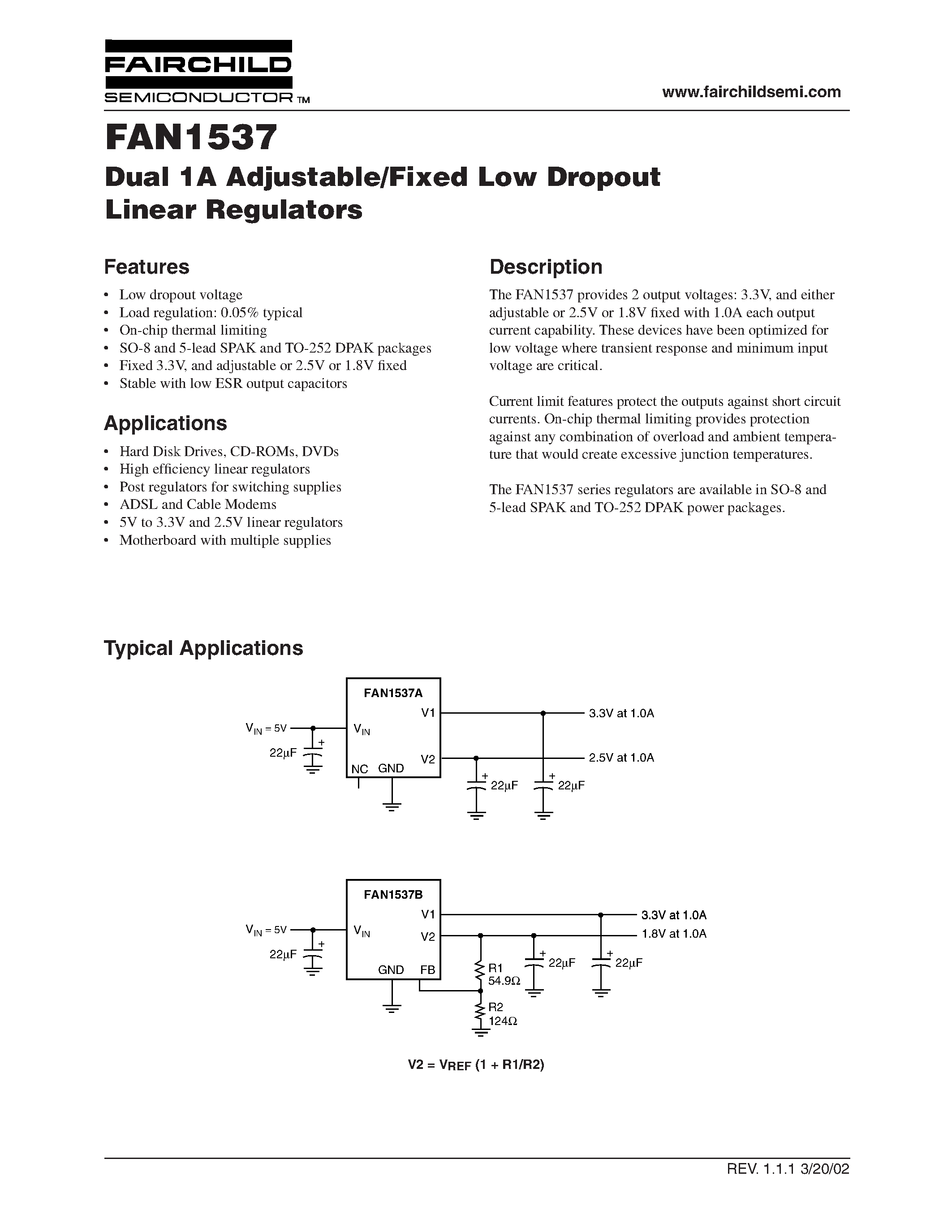 Datasheet FAN1537 - Dual 1A Adjustable/Fixed Low Dropout Linear Regulators page 1