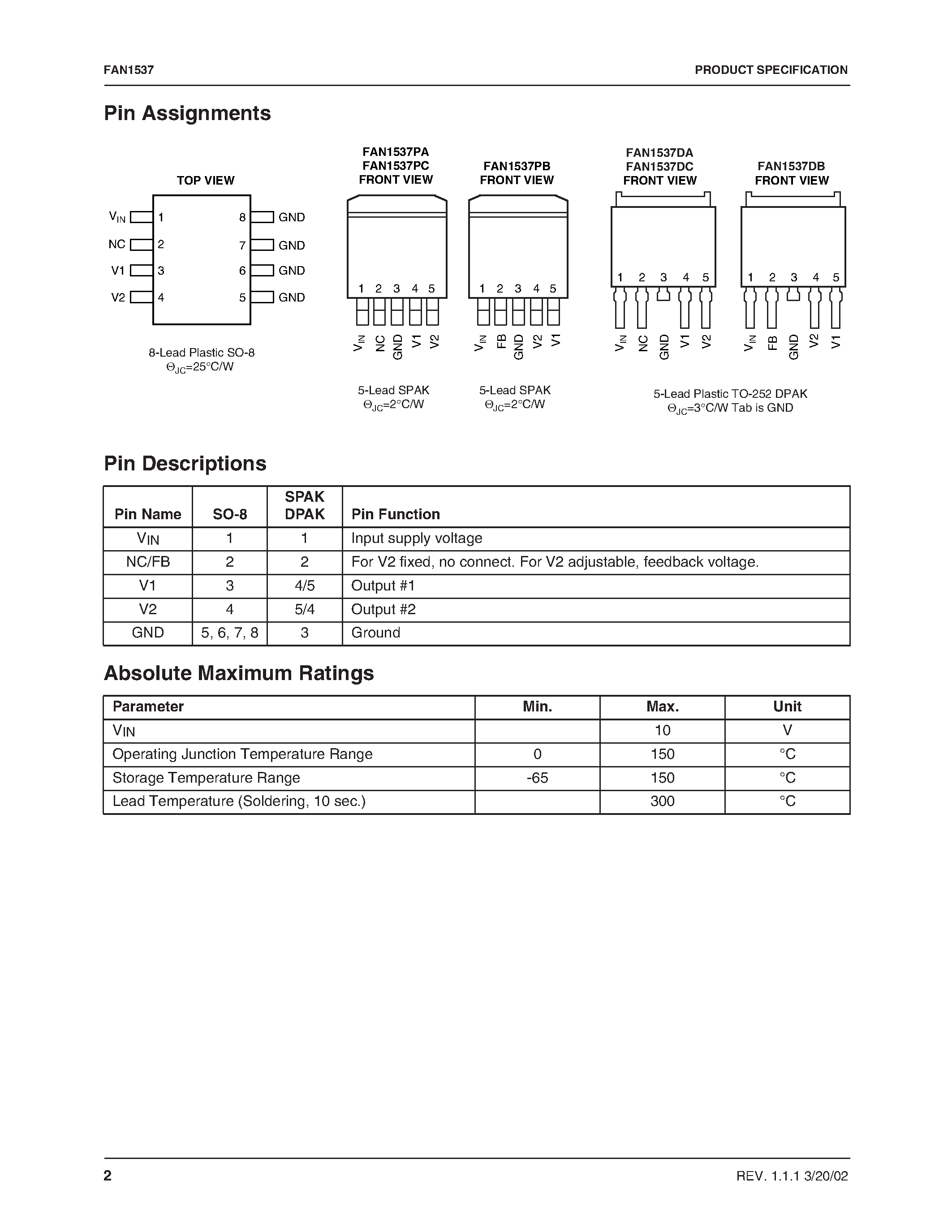 Datasheet FAN1537 - Dual 1A Adjustable/Fixed Low Dropout Linear Regulators page 2