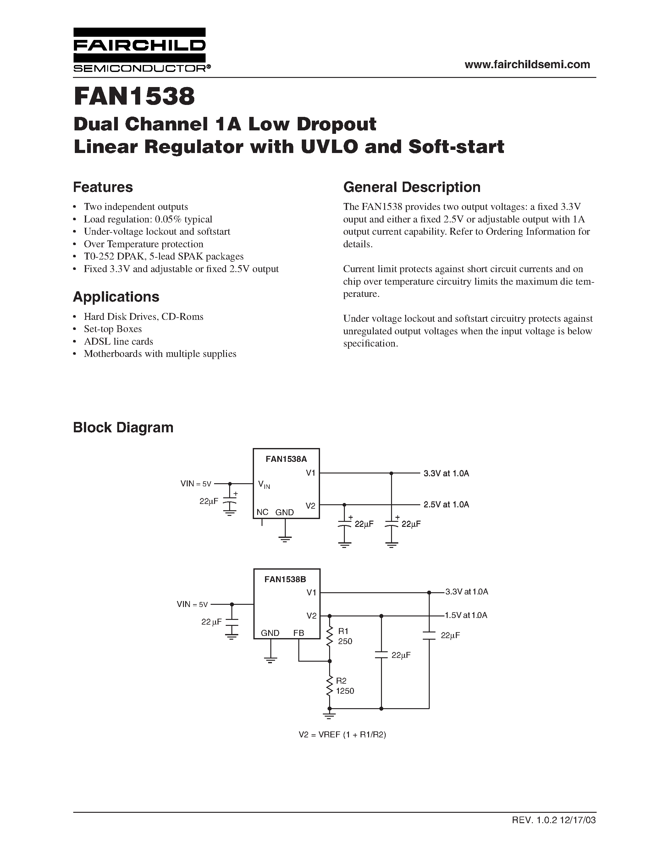 Даташит FAN1538PBX - Dual Channel 1A Low Dropout Linear Regulator with UVLO and Soft-start страница 1