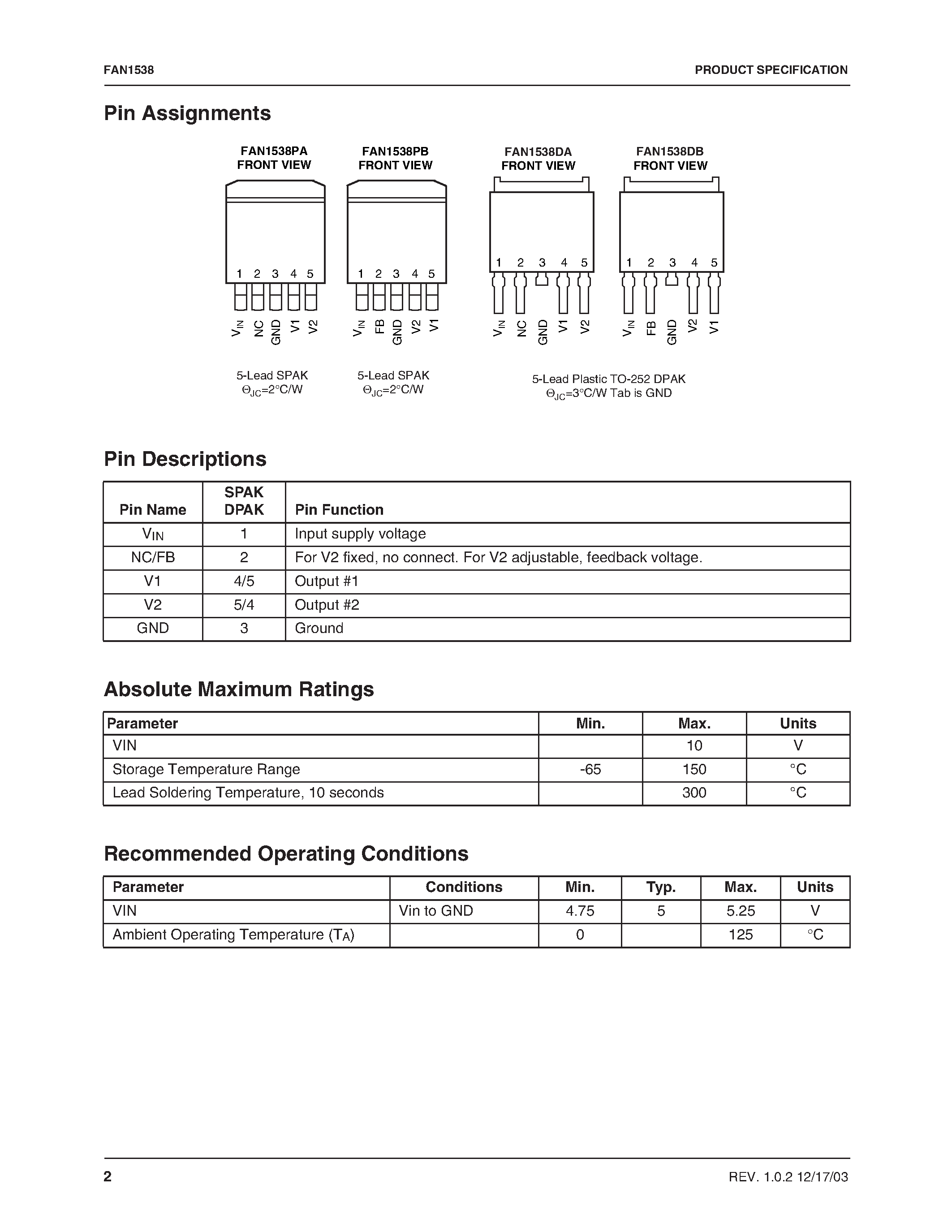 Даташит FAN1538PBX - Dual Channel 1A Low Dropout Linear Regulator with UVLO and Soft-start страница 2