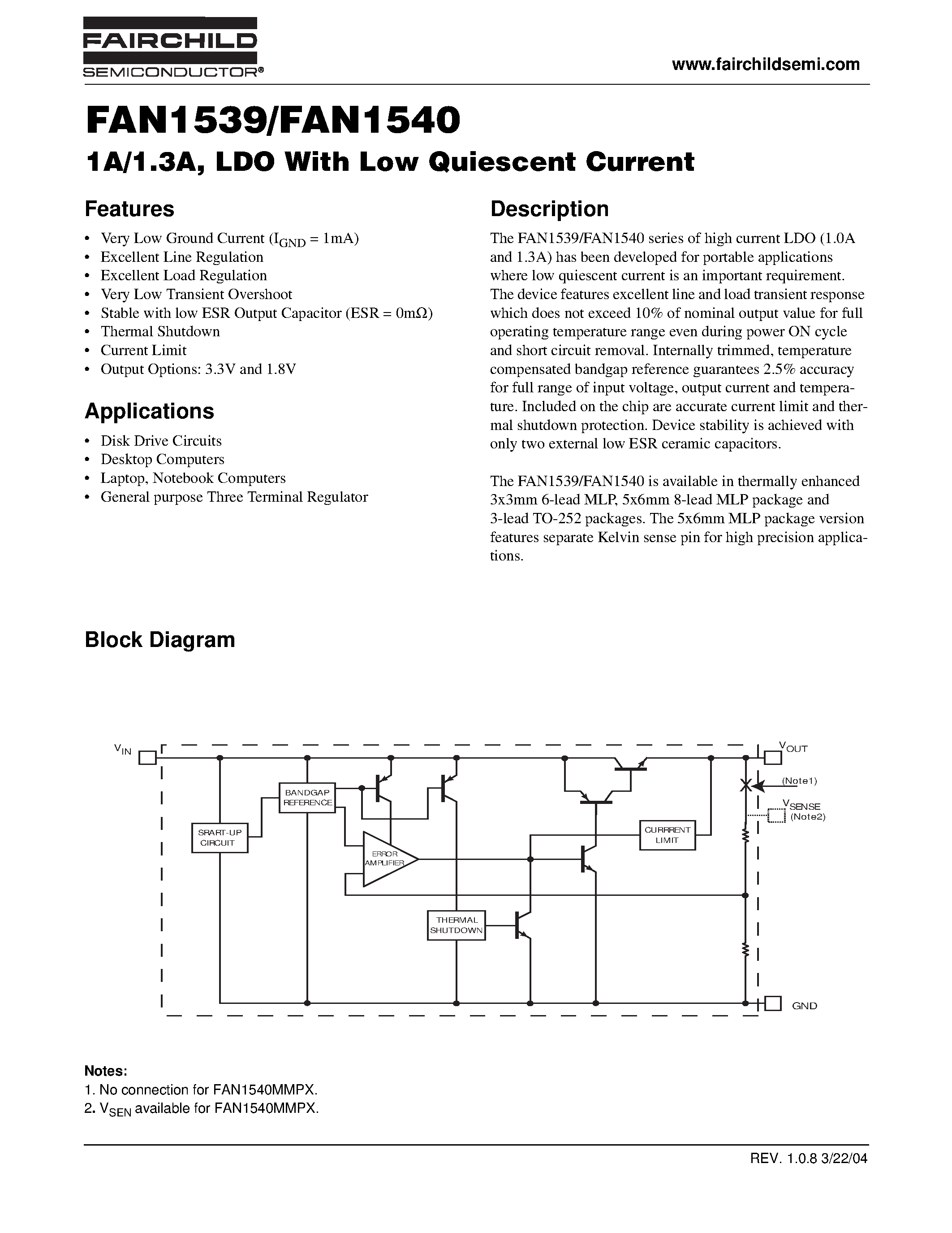 Datasheet FAN1539 - 1A/1.3A/ LDO With Low Quiescent Current page 1