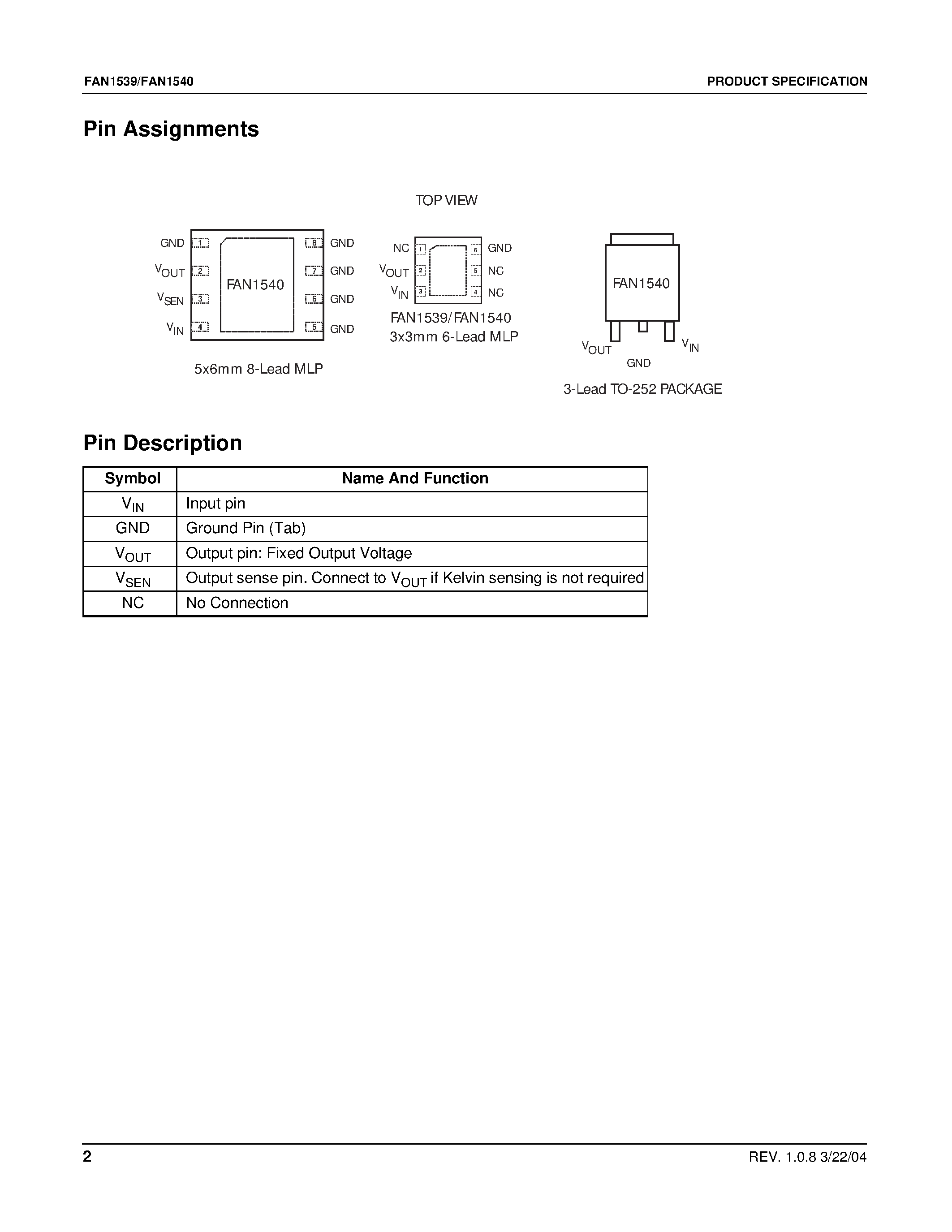 Datasheet FAN1539 - 1A/1.3A/ LDO With Low Quiescent Current page 2