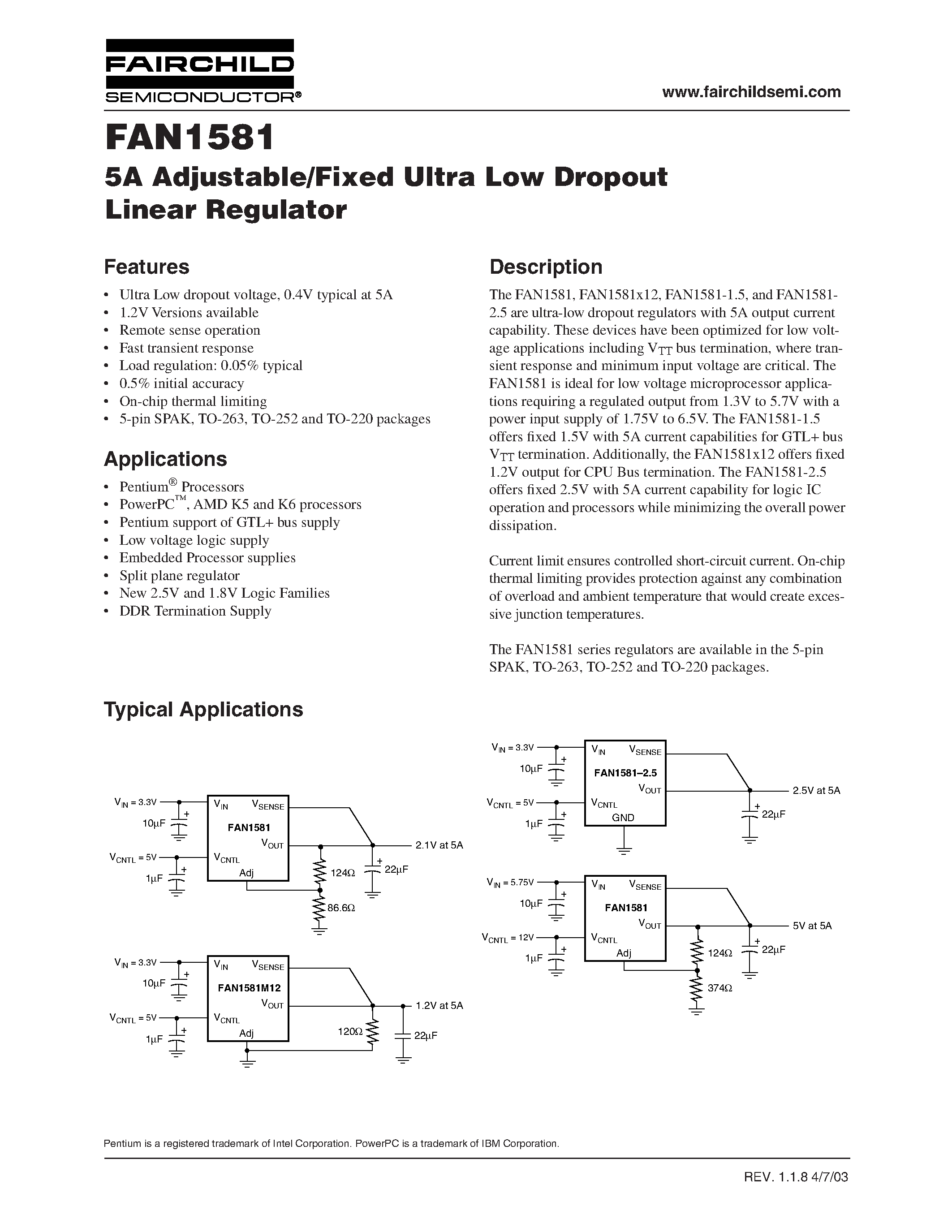 Datasheet FAN1581 - 5A Adjustable/Fixed Ultra Low Dropout Linear Regulator page 1