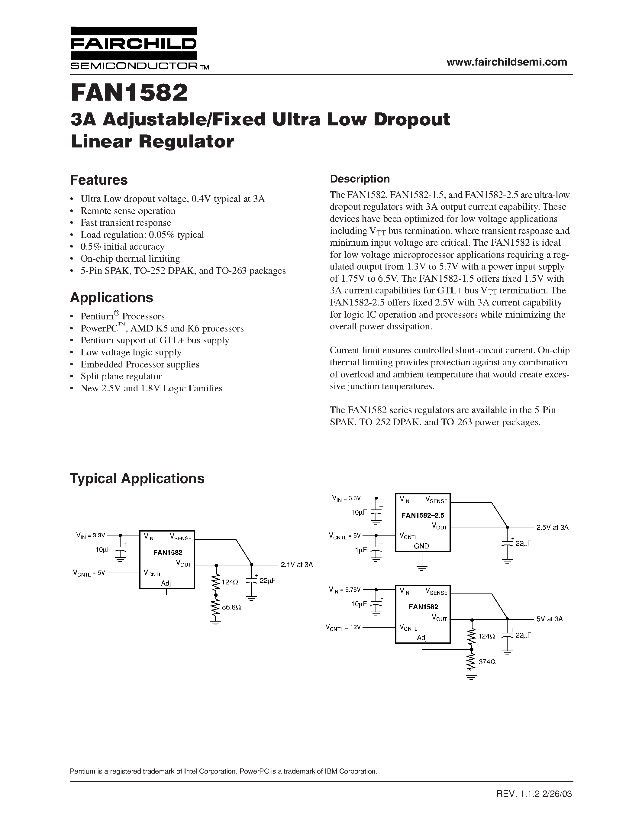 Datasheet FAN1582 - 3A Adjustable/Fixed Ultra Low Dropout Linear Regulator page 1