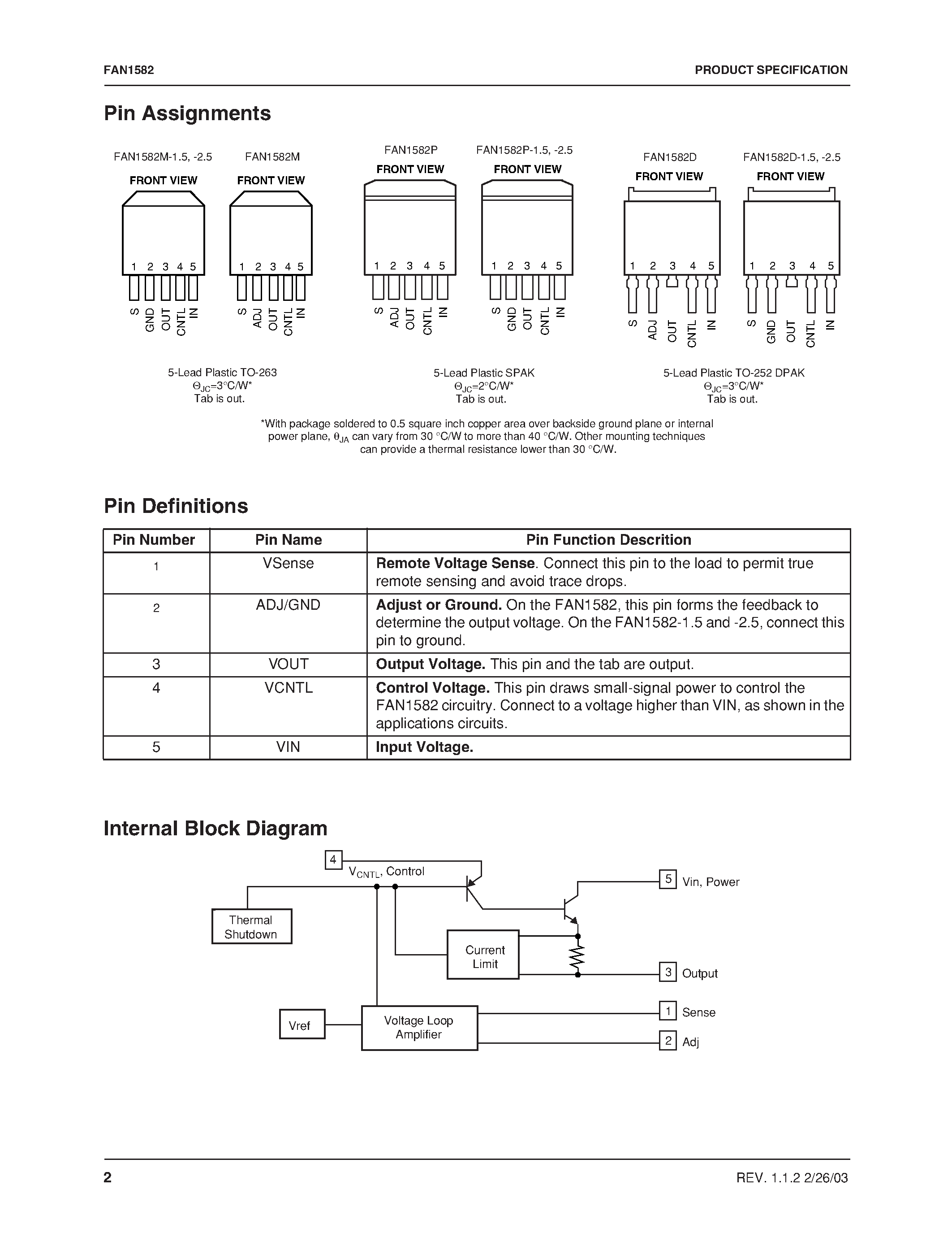 Datasheet FAN1582 - 3A Adjustable/Fixed Ultra Low Dropout Linear Regulator page 2