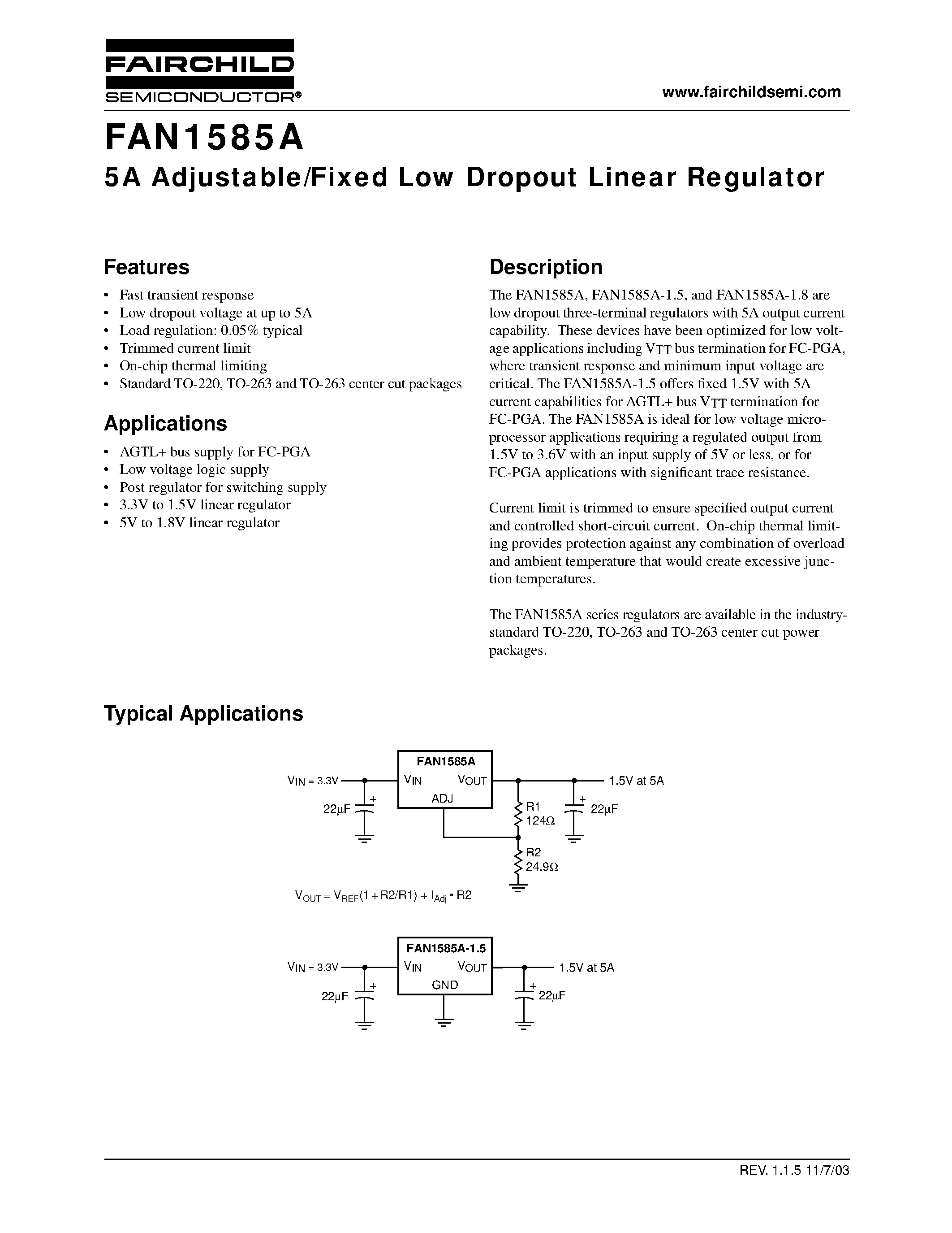 Даташит FAN1585A - 5A Adjustable/Fixed Low Dropout Linear Regulator страница 1