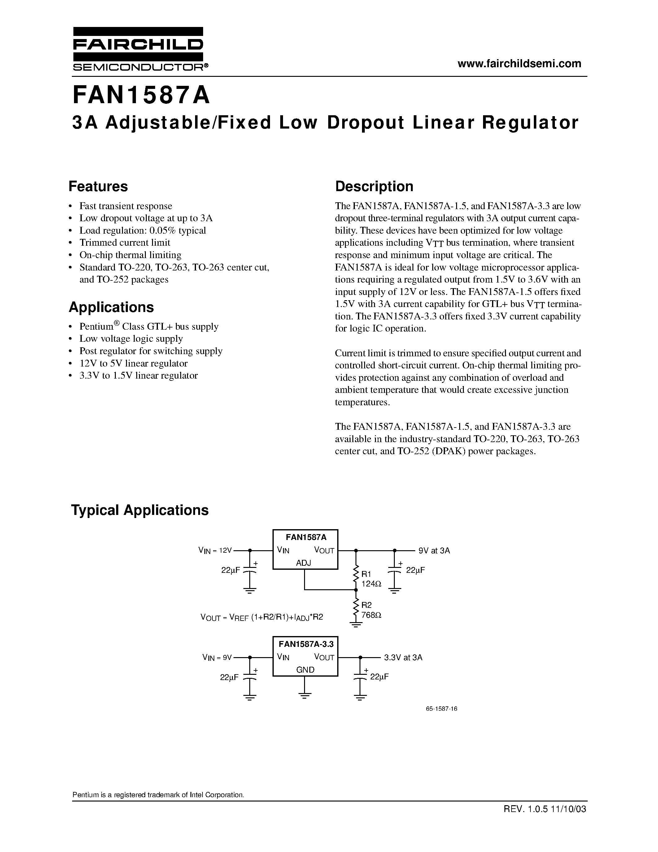 Даташит FAN1587A - 3A Adjustable/Fixed Low Dropout Linear Regulator страница 1