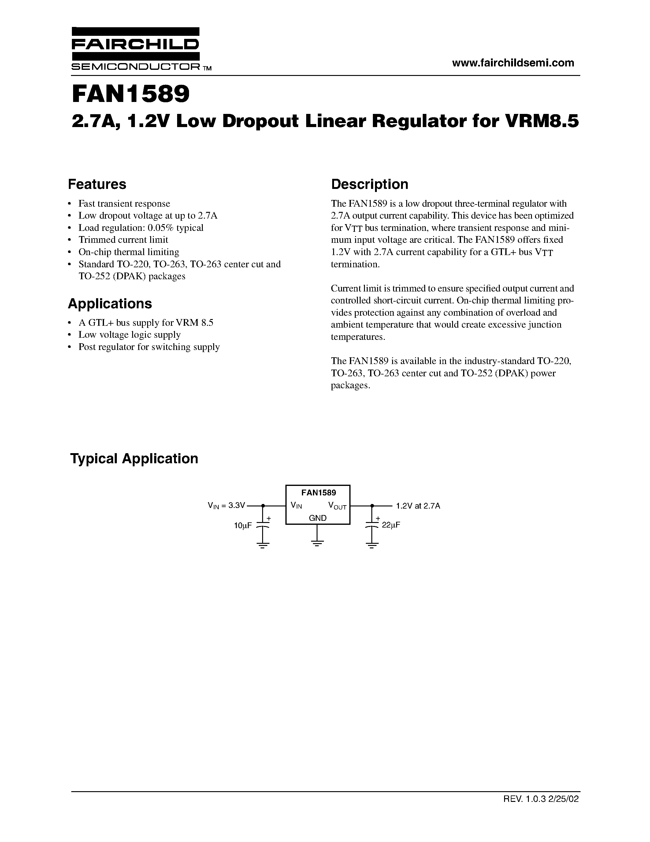 Даташит FAN1589 - 2.7A/ 1.2V Low Dropout Linear Regulator for VRM8.5 страница 1