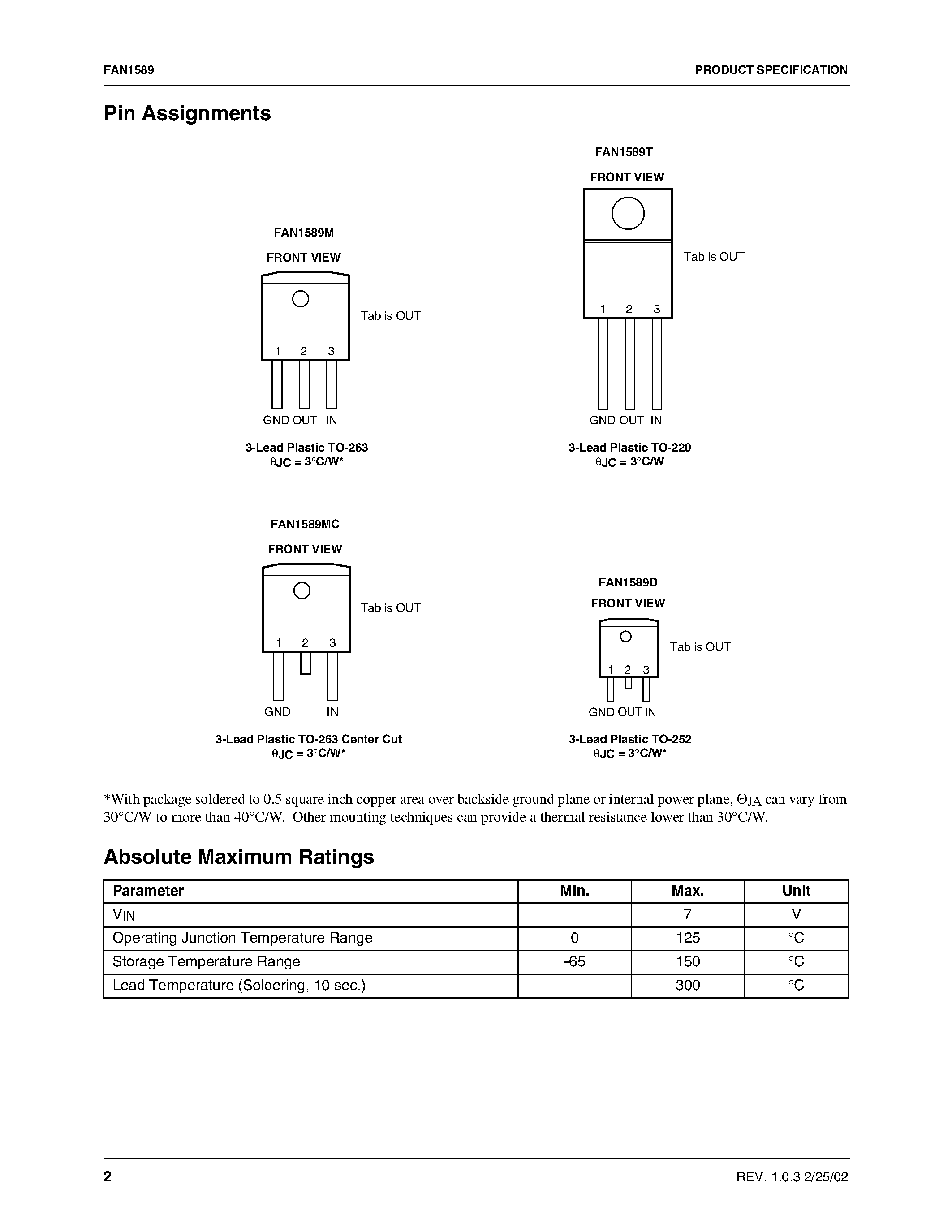 Даташит FAN1589 - 2.7A/ 1.2V Low Dropout Linear Regulator for VRM8.5 страница 2