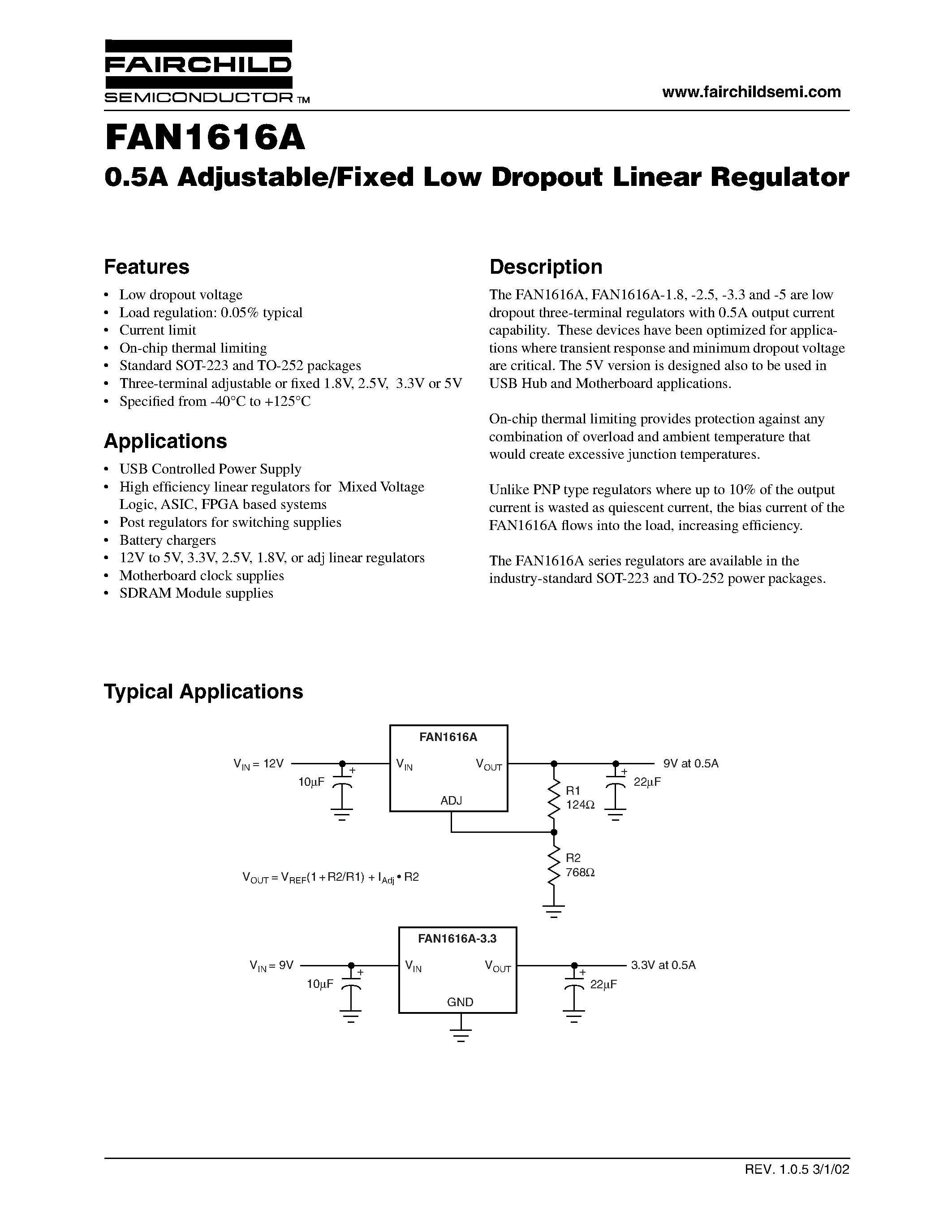 Даташит FAN1616A - 0.5A Adjustable/Fixed Low Dropout Linear Regulator страница 1