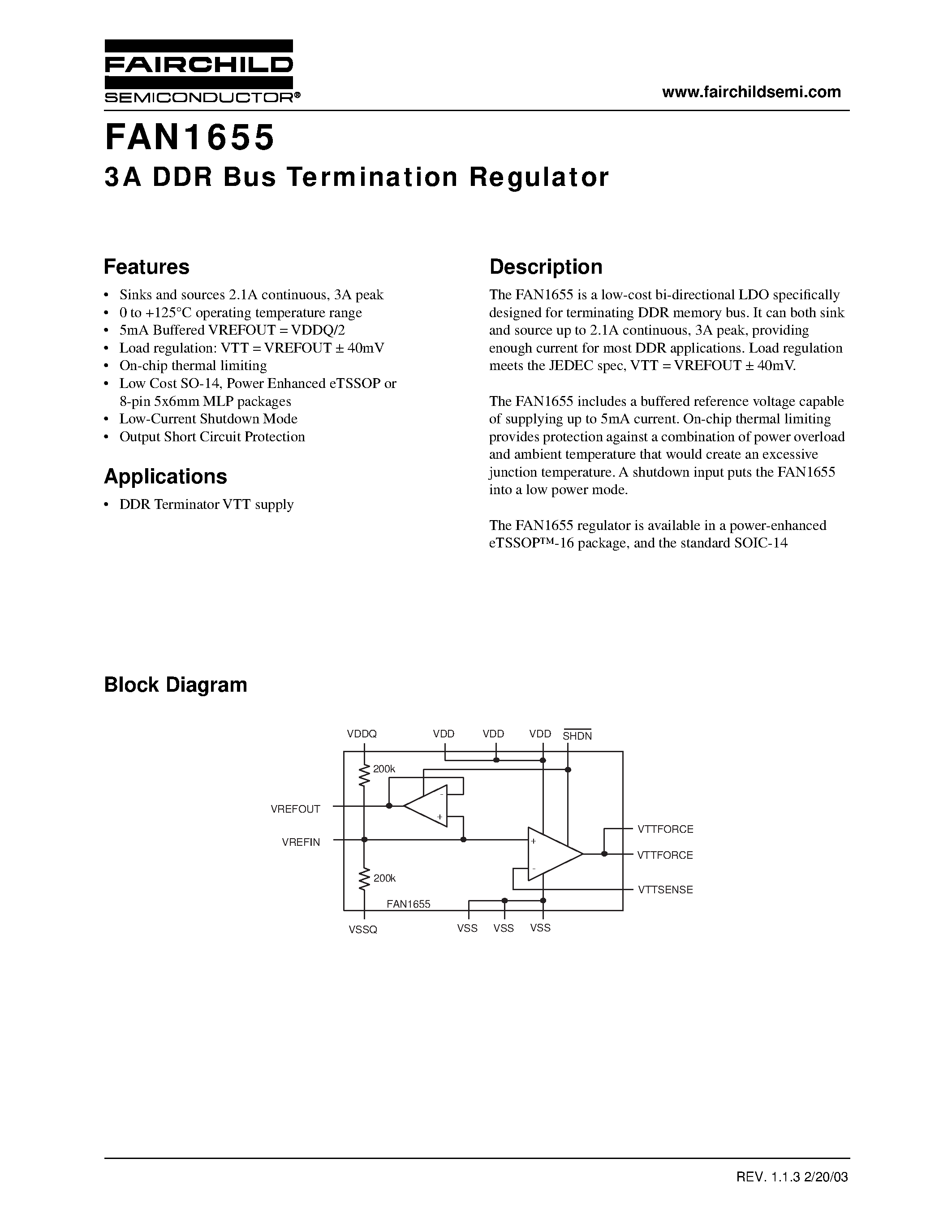 Даташит FAN1655 - 3A DDR Bus Termination Regulator страница 1