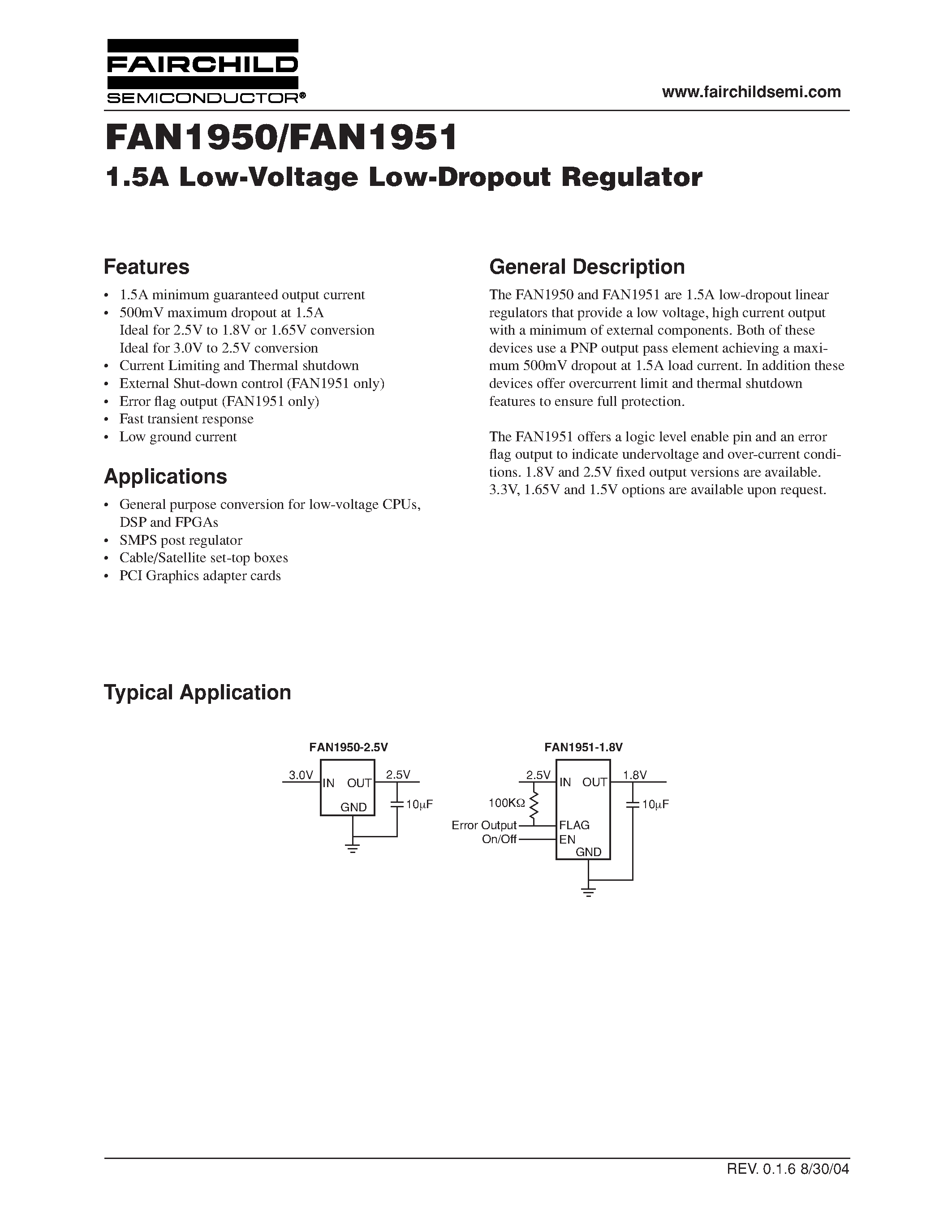 Даташит FAN1950 - 1.5A Low-Voltage Low-Dropout Regulator страница 1