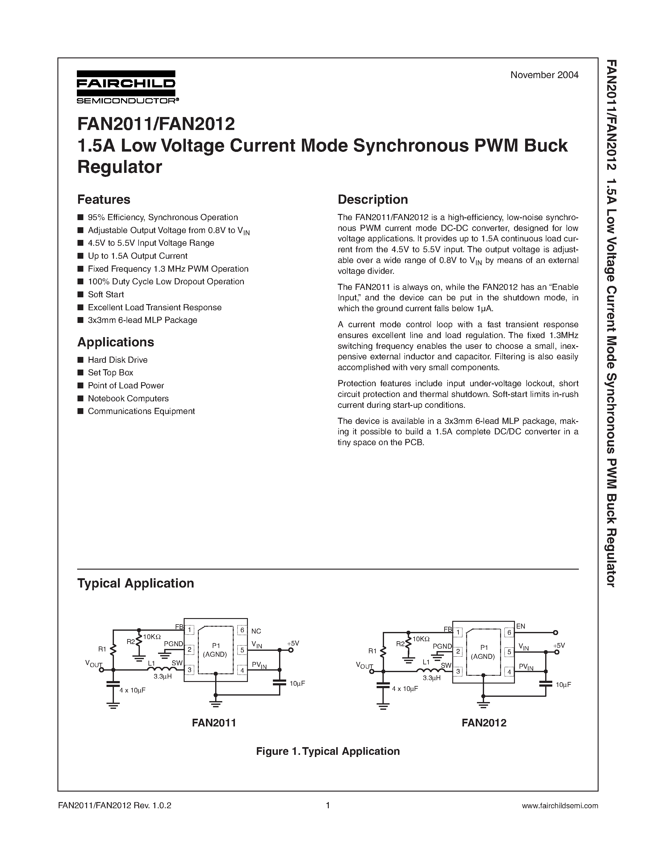 Даташит FAN2011 - 1.5A Low Voltage Current Mode Synchronous PWM Buck Regulator страница 1