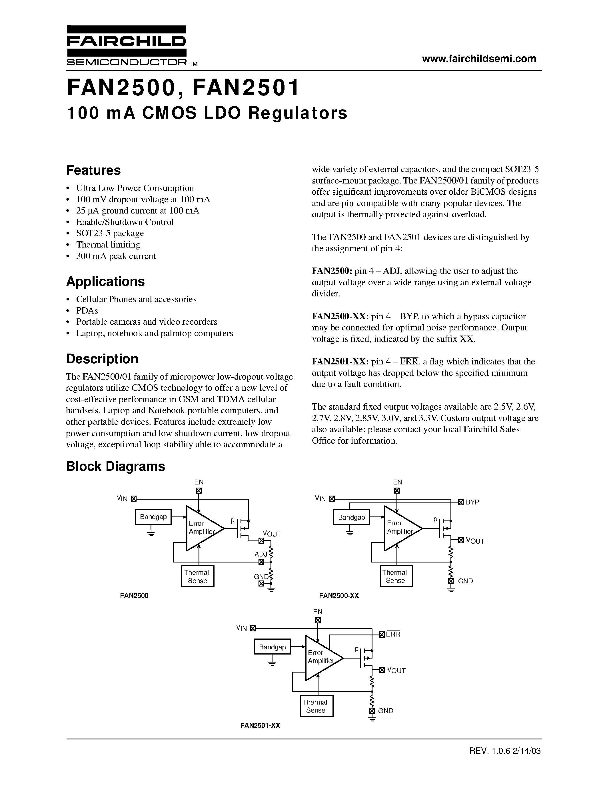 Даташит FAN2500 - 100 mA CMOS LDO Regulators страница 1