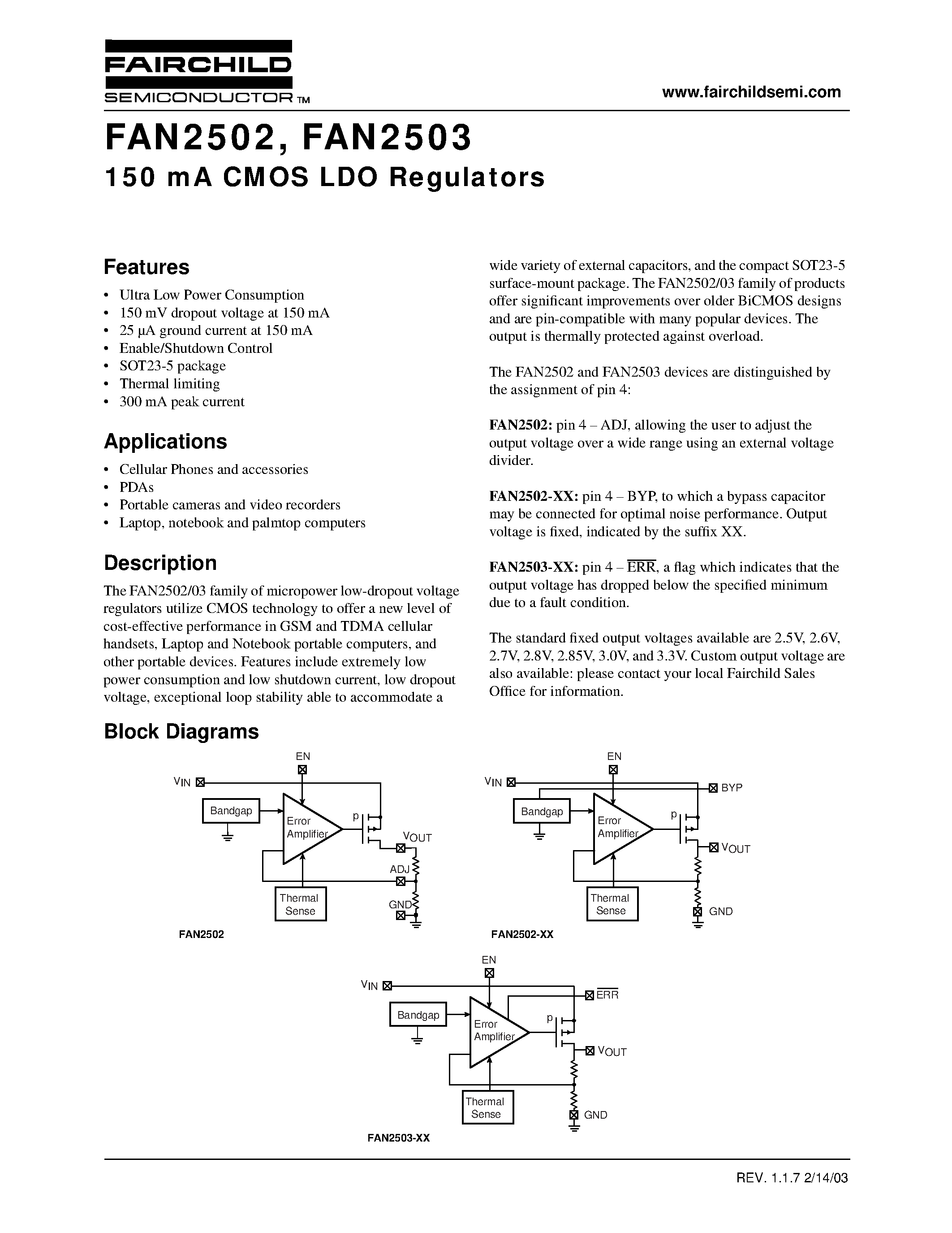 Даташит FAN2502 - 150 mA CMOS LDO Regulators страница 1